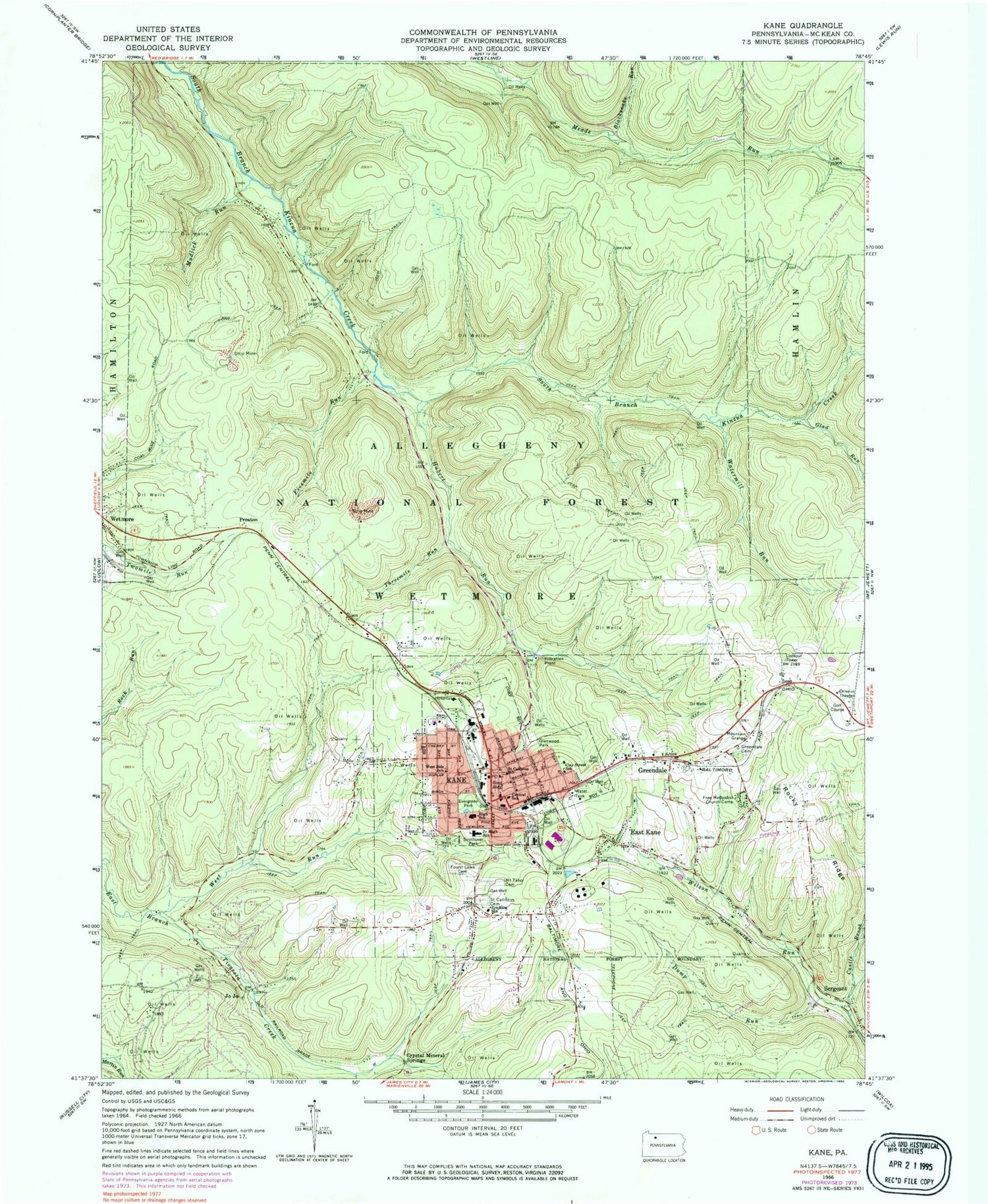 Classic USGS Kane Pennsylvania 7.5'x7.5' Topo Map Image
