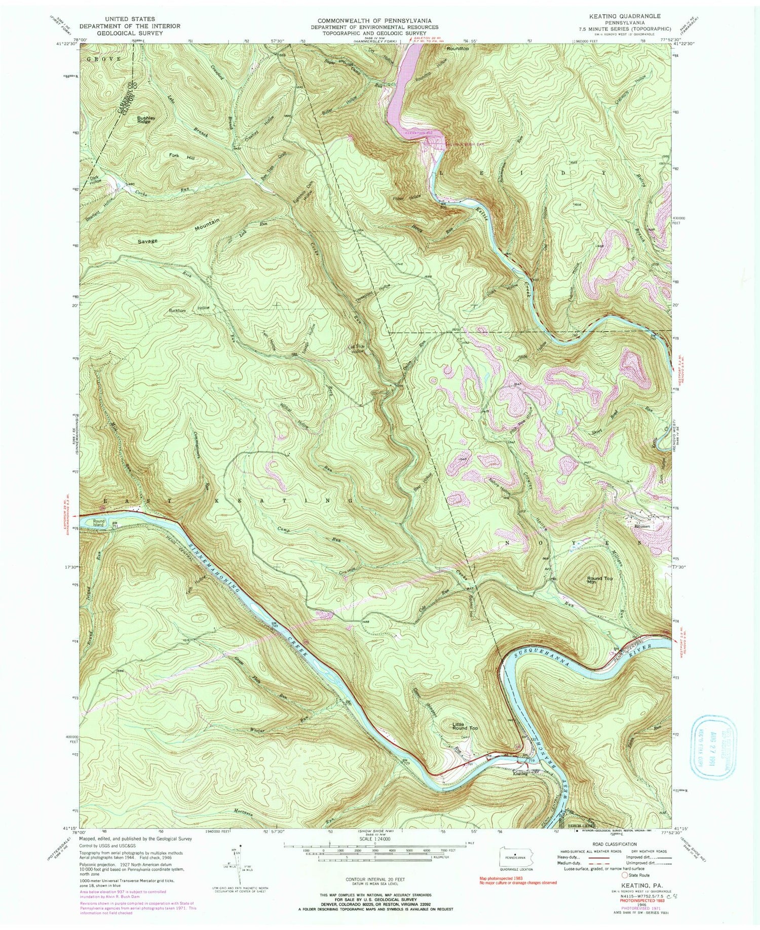 Classic USGS Keating Pennsylvania 7.5'x7.5' Topo Map Image