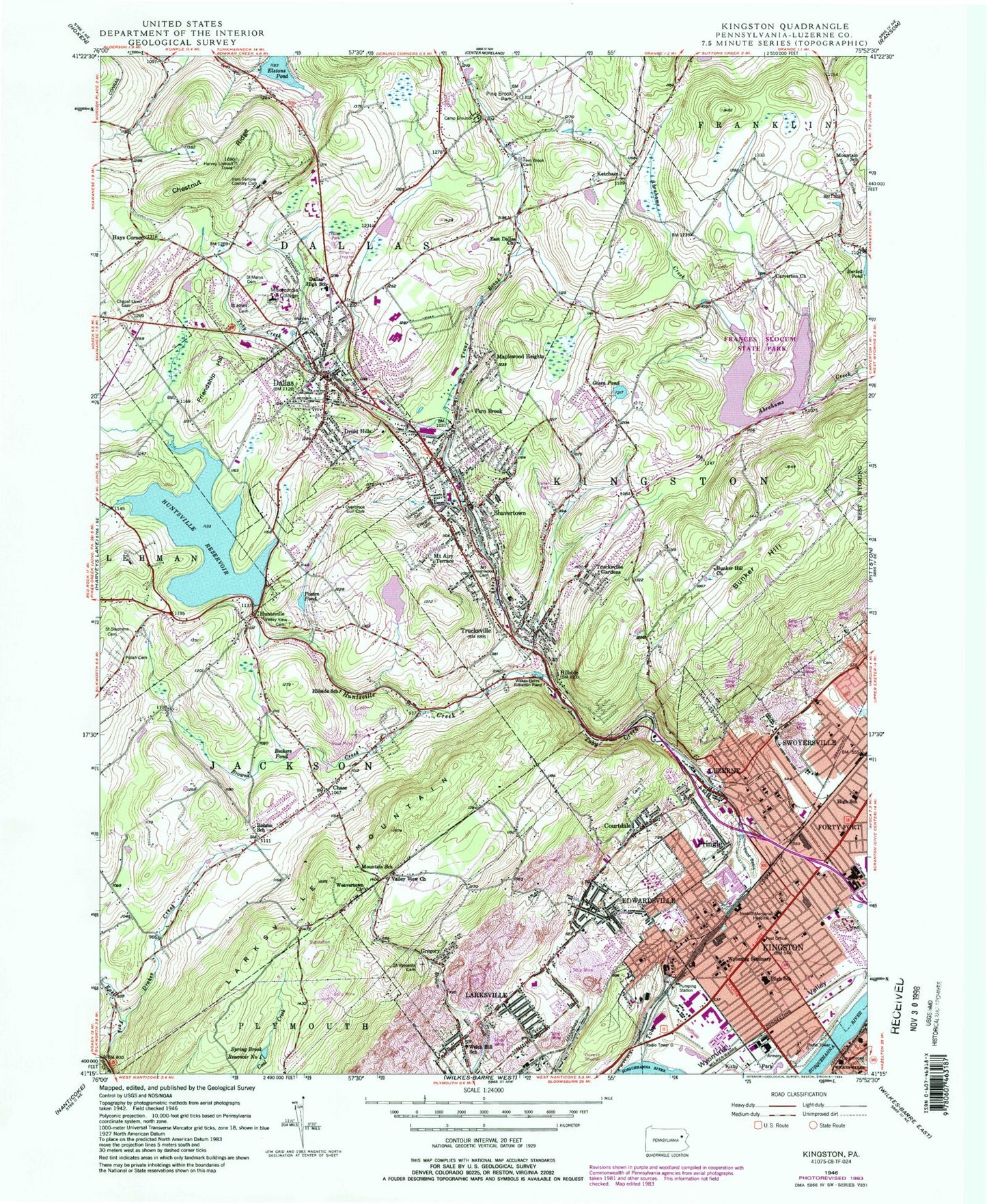 Classic USGS Kingston Pennsylvania 7.5'x7.5' Topo Map Image