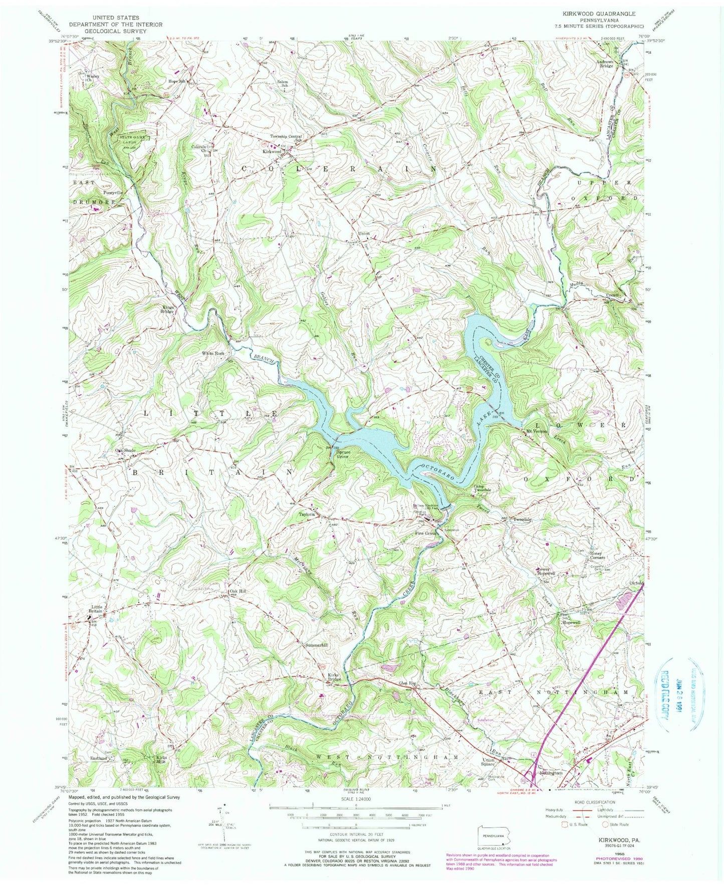 Classic USGS Kirkwood Pennsylvania 7.5'x7.5' Topo Map Image