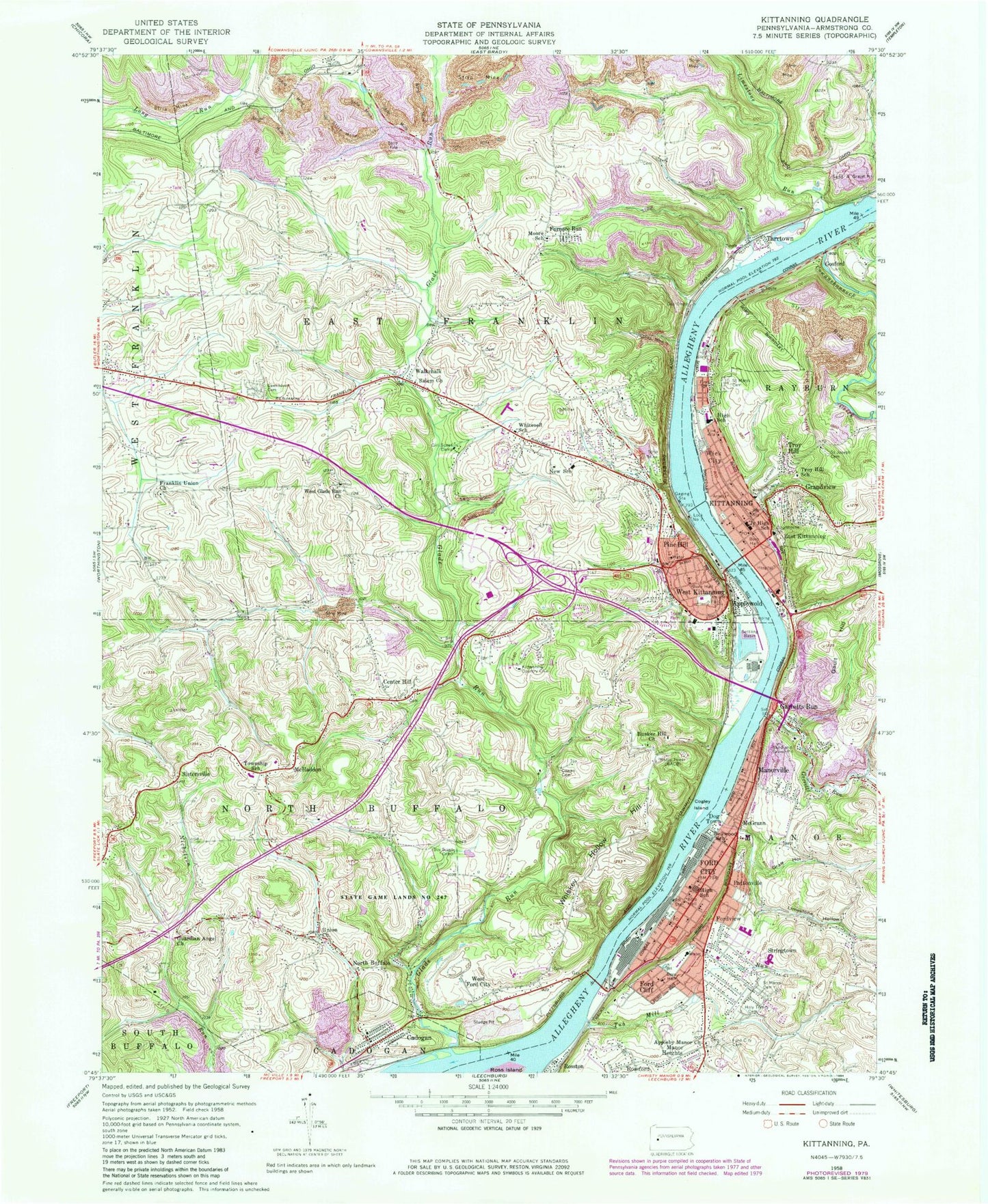 Classic USGS Kittanning Pennsylvania 7.5'x7.5' Topo Map Image
