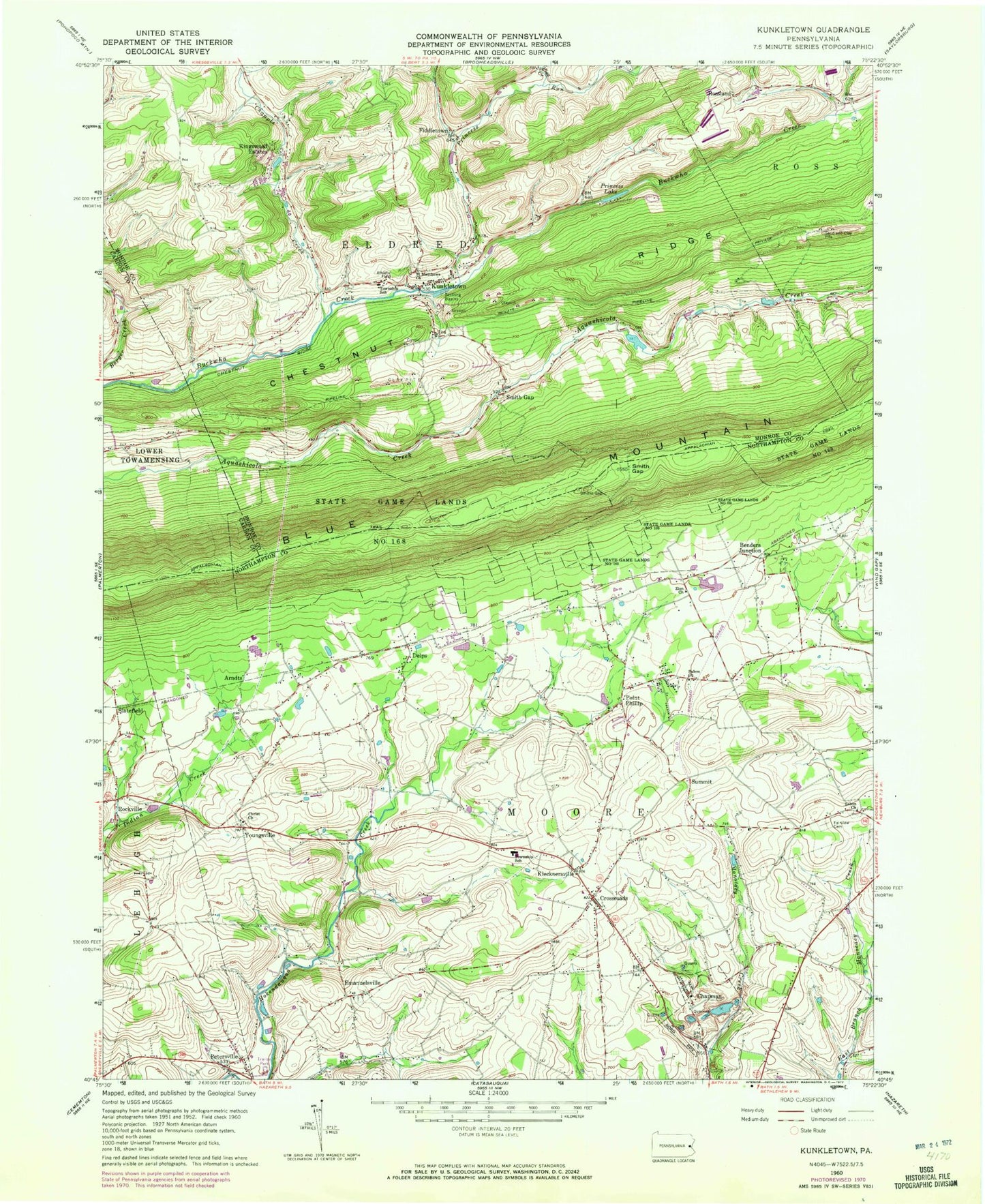 Classic USGS Kunkletown Pennsylvania 7.5'x7.5' Topo Map Image