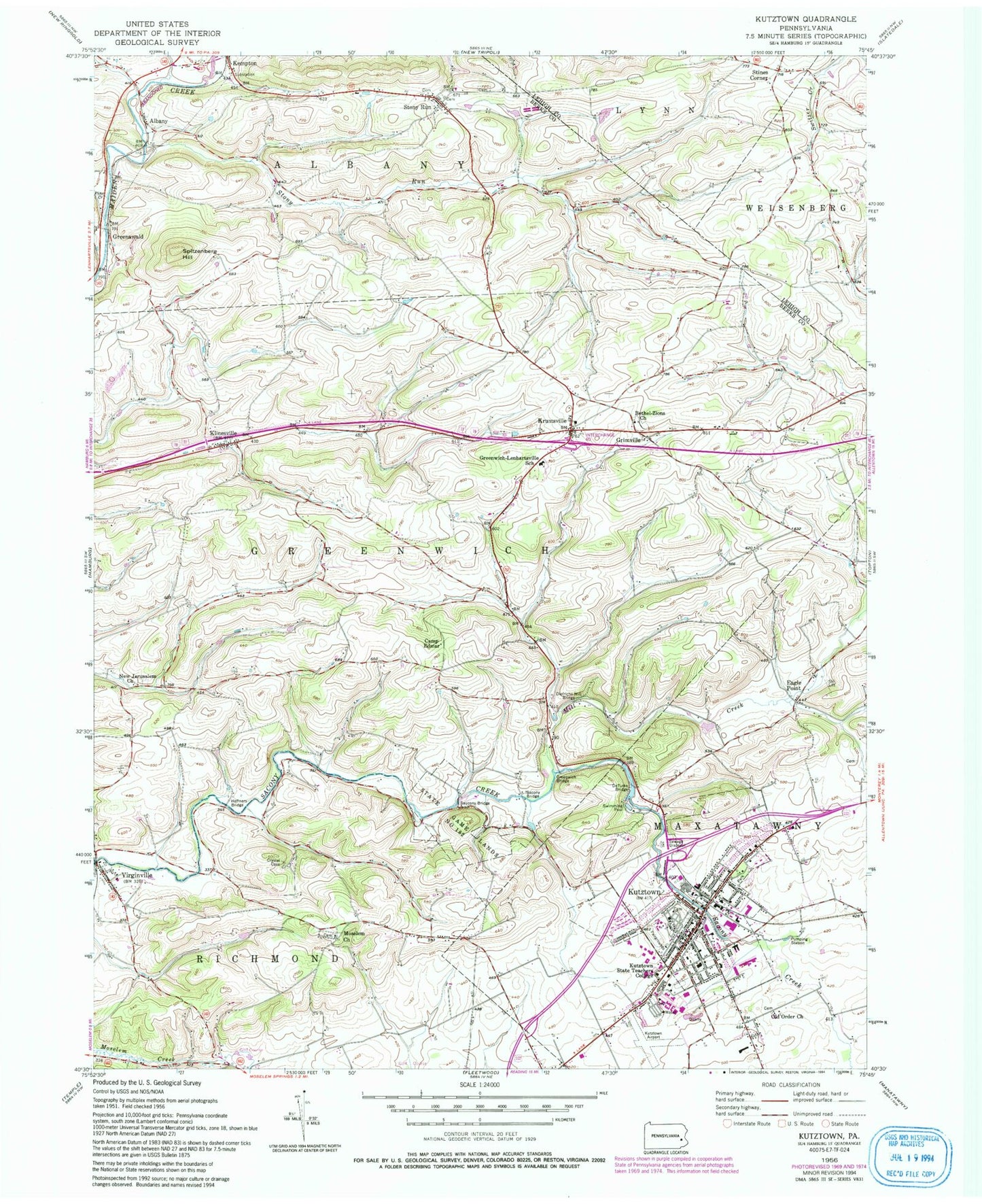 Classic USGS Kutztown Pennsylvania 7.5'x7.5' Topo Map Image