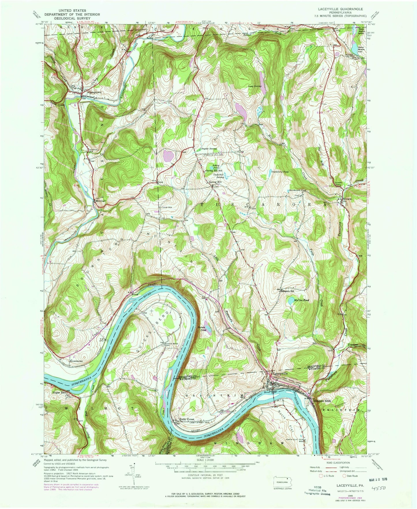 Classic USGS Laceyville Pennsylvania 7.5'x7.5' Topo Map Image
