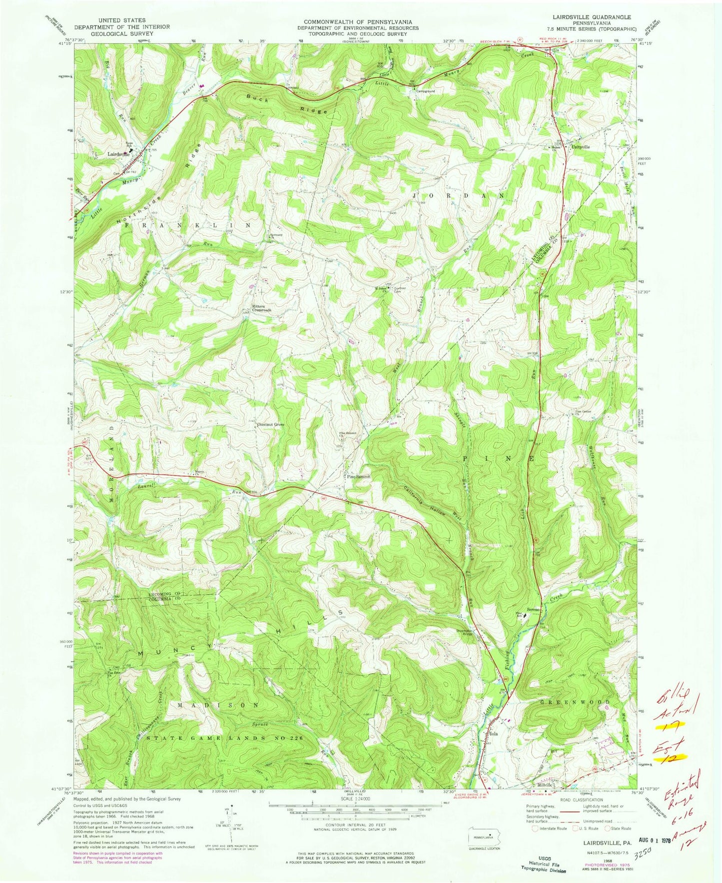 Classic USGS Lairdsville Pennsylvania 7.5'x7.5' Topo Map Image