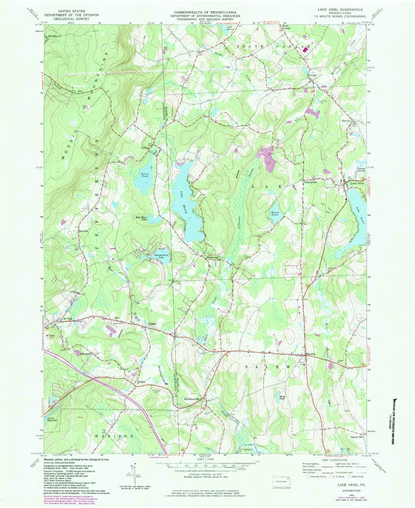 Classic USGS Lake Ariel Pennsylvania 7.5'x7.5' Topo Map Image