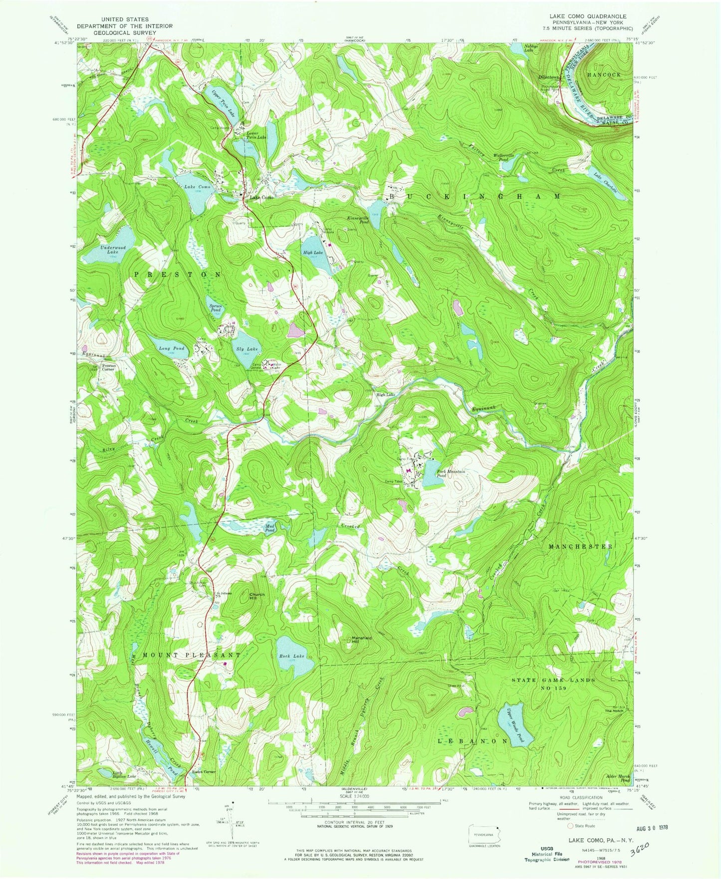 Classic USGS Lake Como Pennsylvania 7.5'x7.5' Topo Map Image
