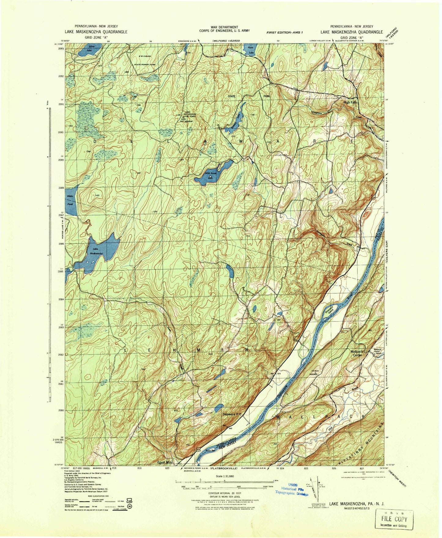 Classic USGS Lake Maskenozha Pennsylvania 7.5'x7.5' Topo Map Image
