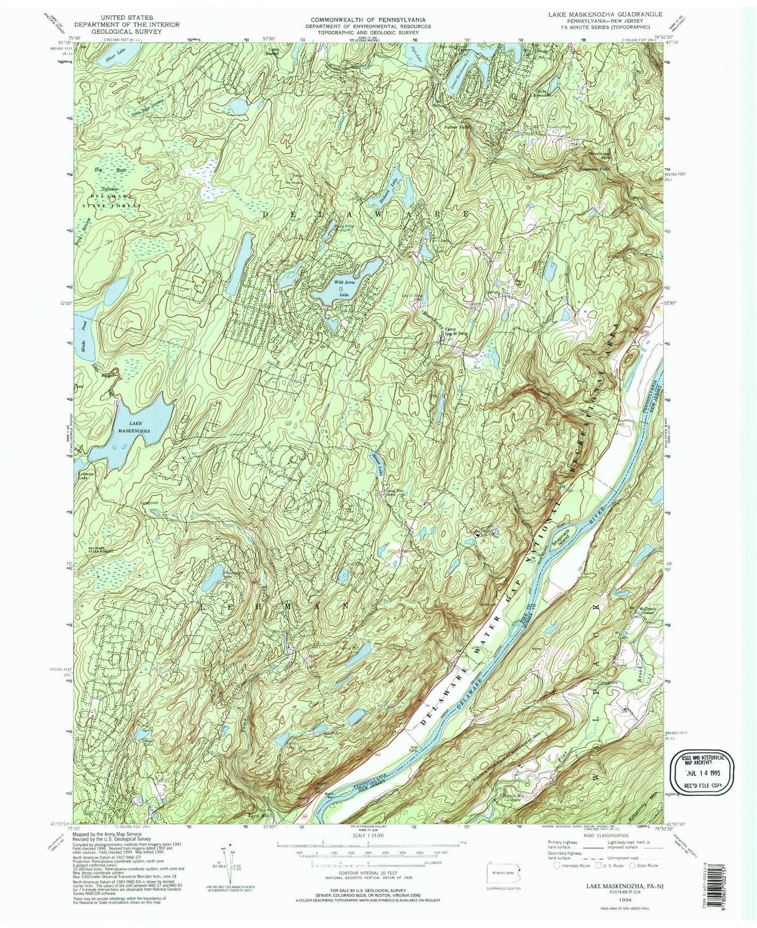 Classic USGS Lake Maskenozha Pennsylvania 7.5'x7.5' Topo Map Image