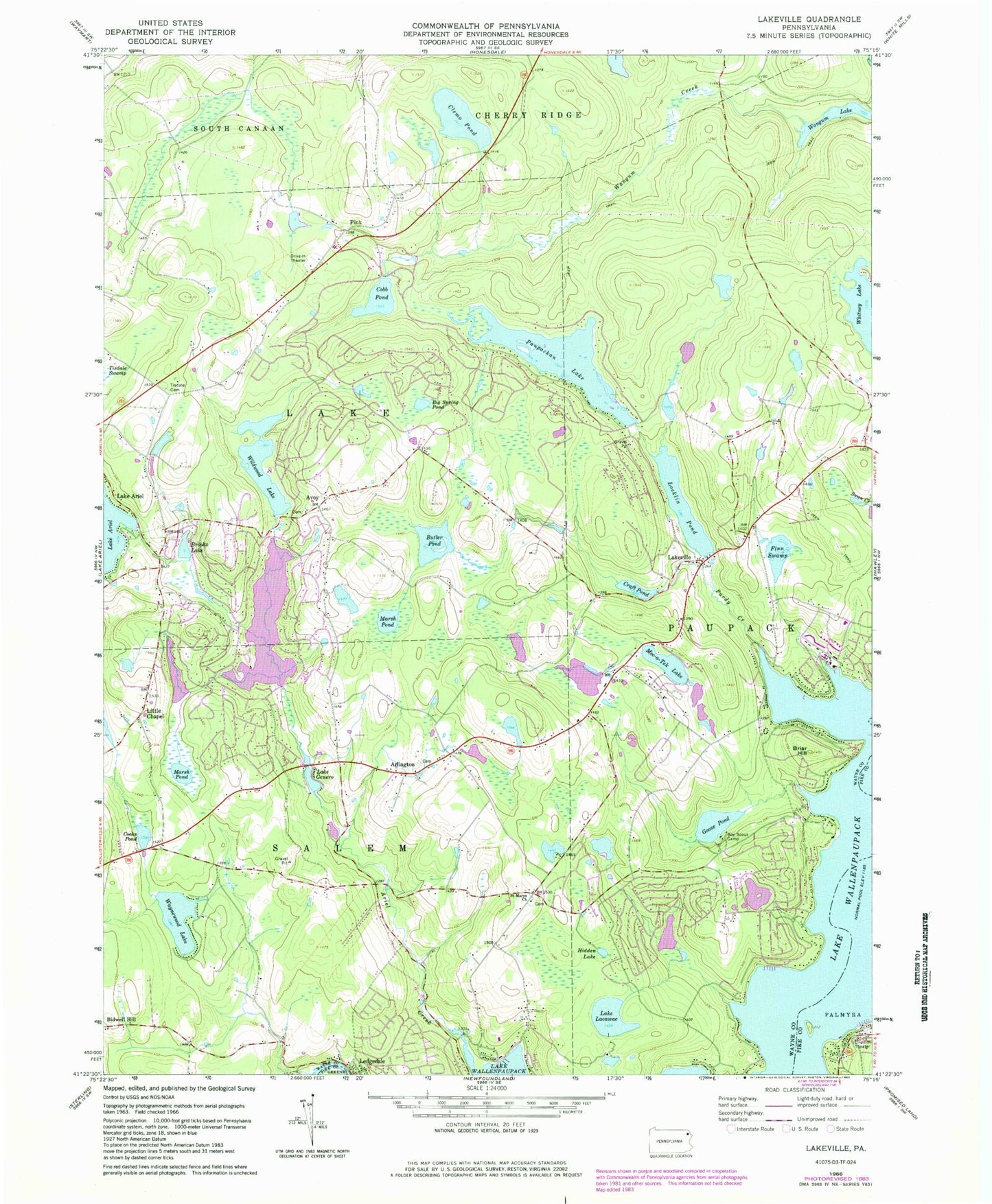 Classic USGS Lakeville Pennsylvania 7.5'x7.5' Topo Map Image