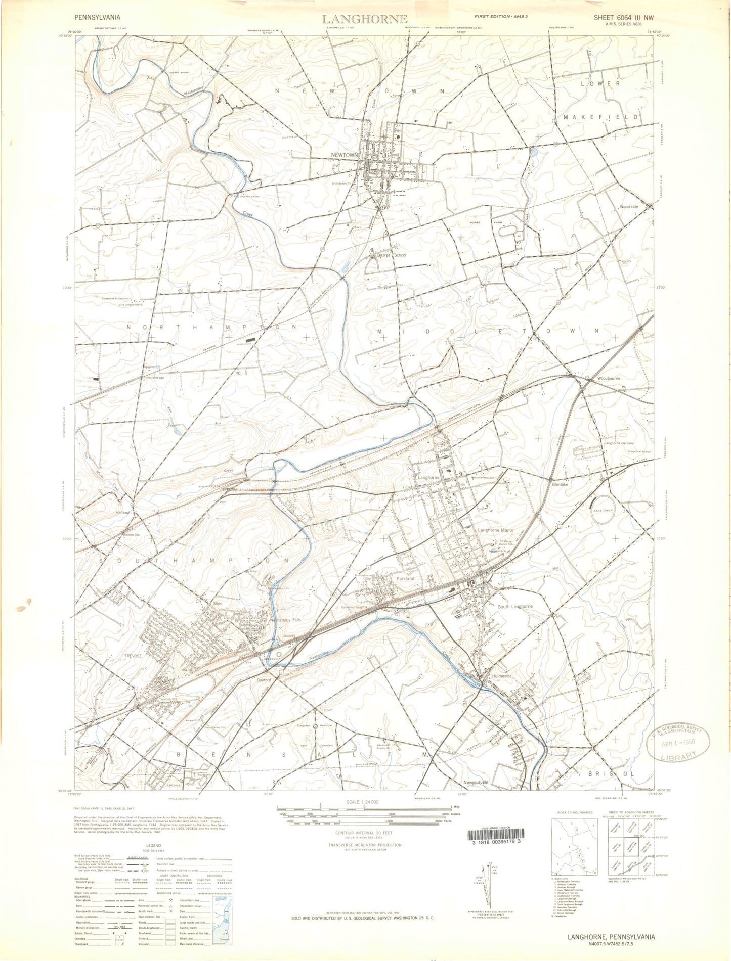 Classic USGS Langhorne Pennsylvania 7.5'x7.5' Topo Map Image