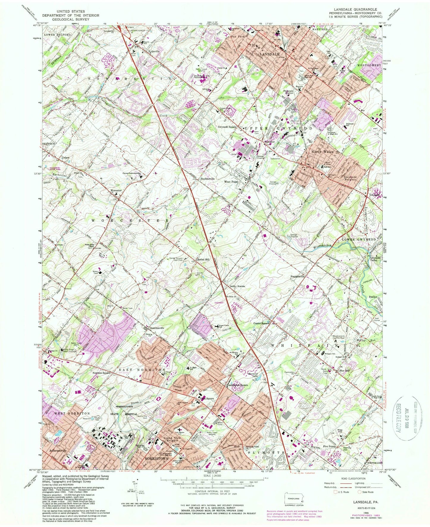Classic USGS Lansdale Pennsylvania 7.5'x7.5' Topo Map Image