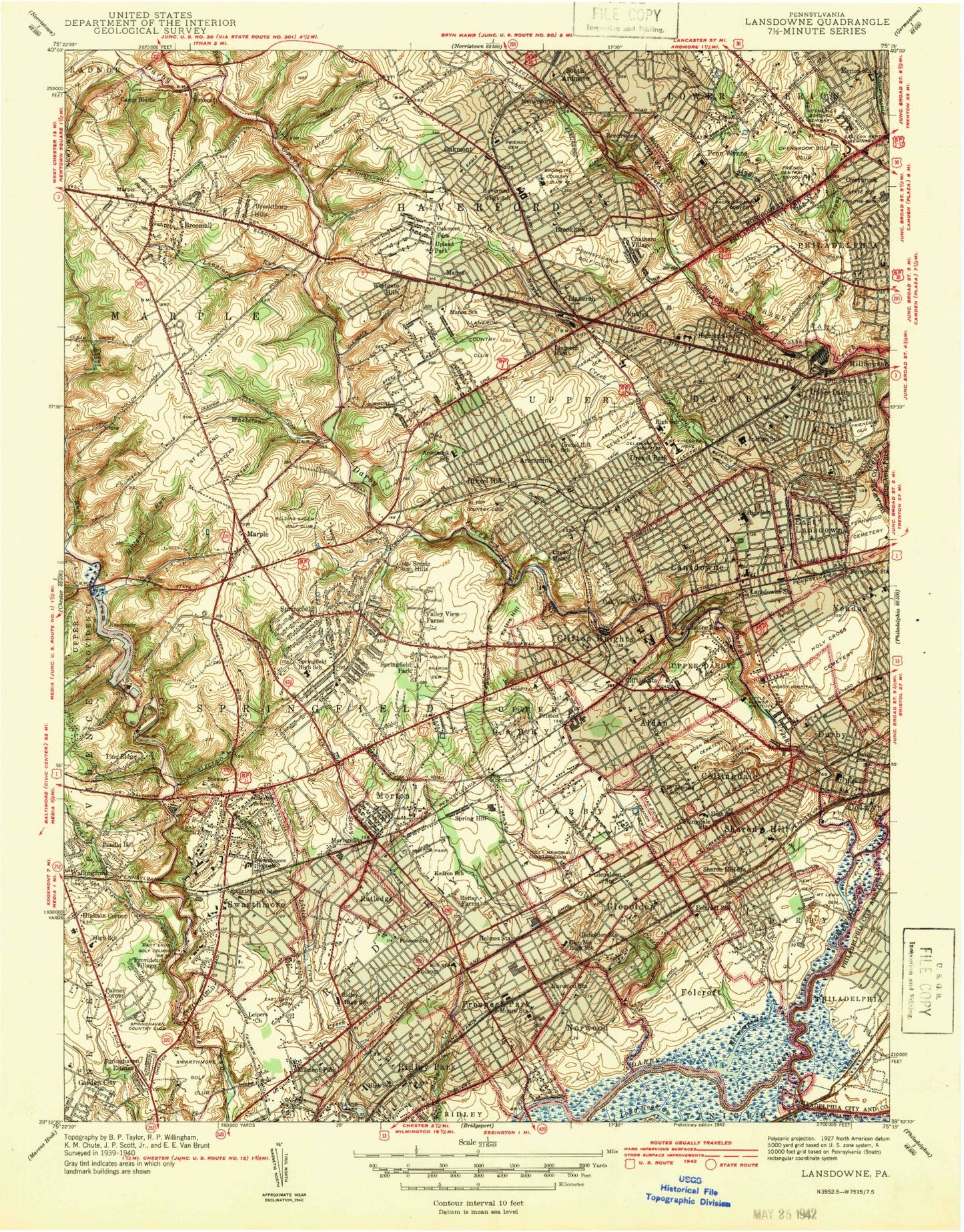 Classic USGS Lansdowne Pennsylvania 7.5'x7.5' Topo Map Image