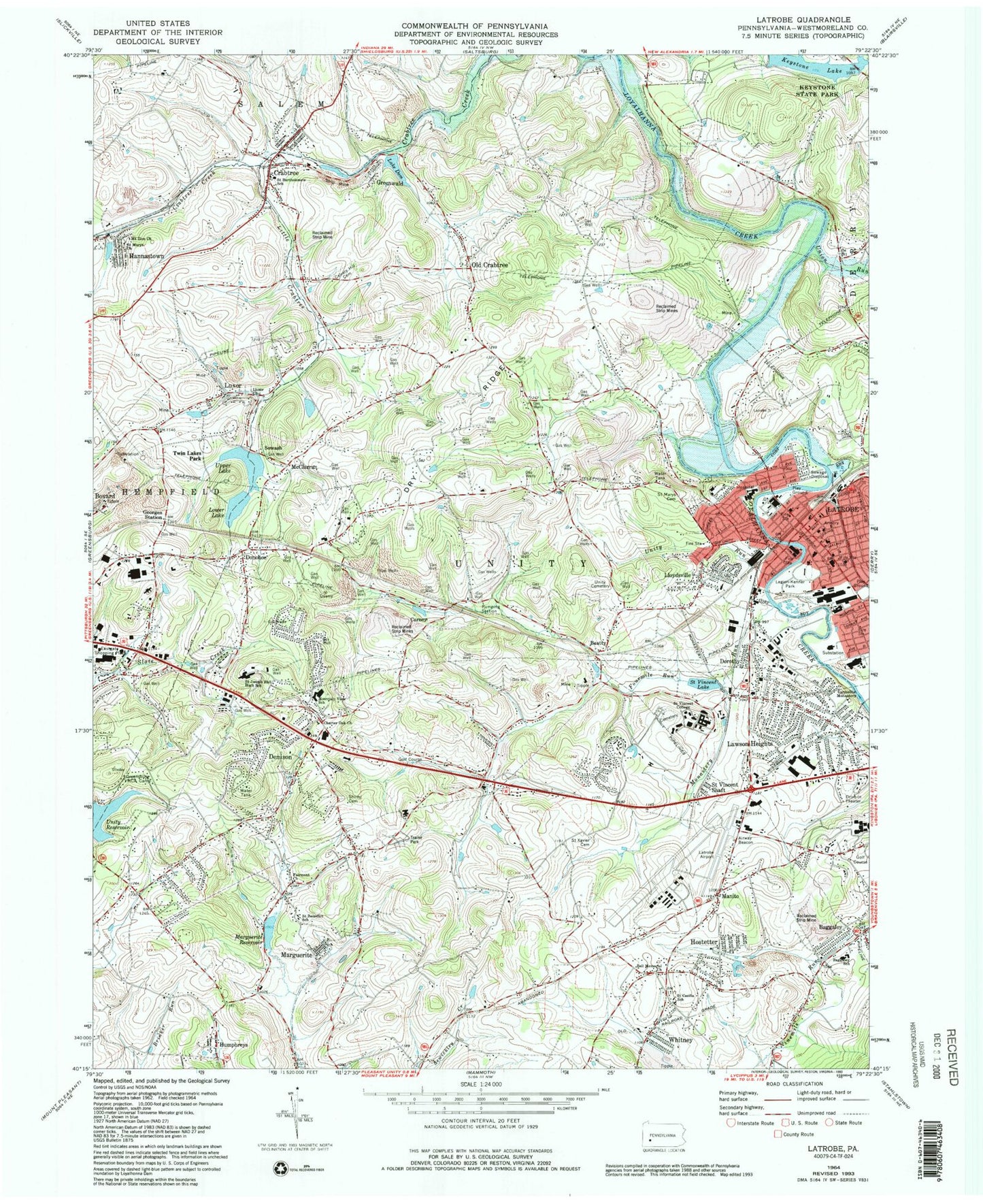 Classic USGS Latrobe Pennsylvania 7.5'x7.5' Topo Map Image