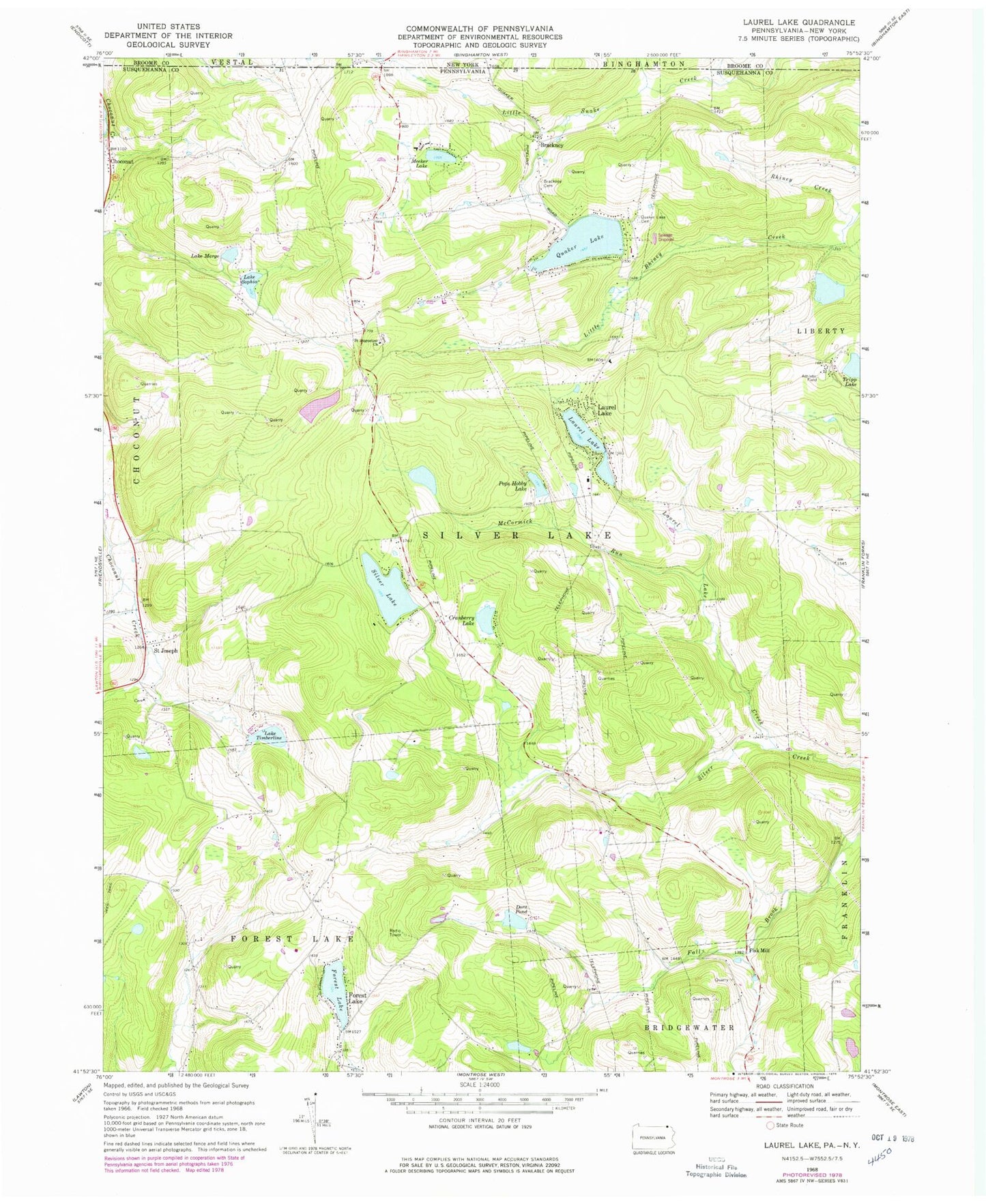 Classic USGS Laurel Lake Pennsylvania 7.5'x7.5' Topo Map Image