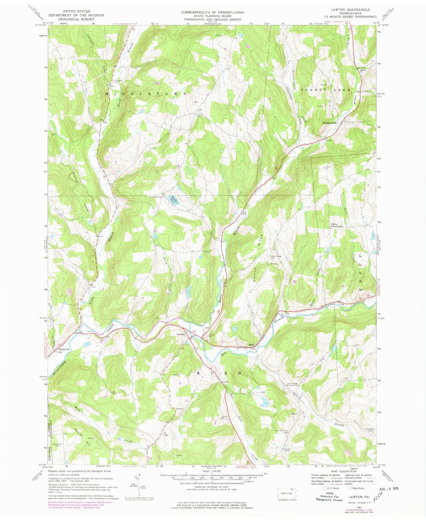 Classic USGS Lawton Pennsylvania 7.5'x7.5' Topo Map Image