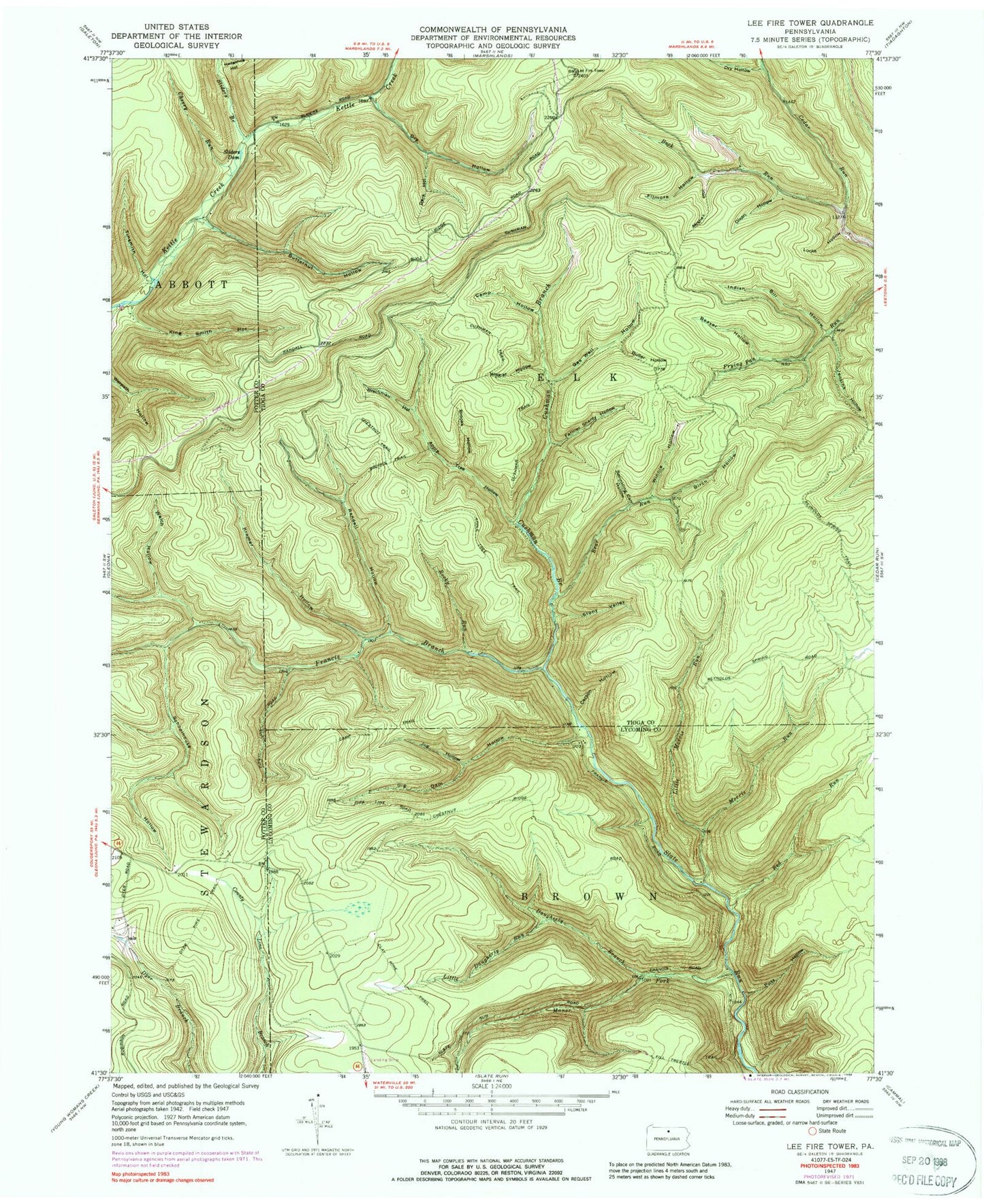 Classic USGS Lee Fire Tower Pennsylvania 7.5'x7.5' Topo Map Image