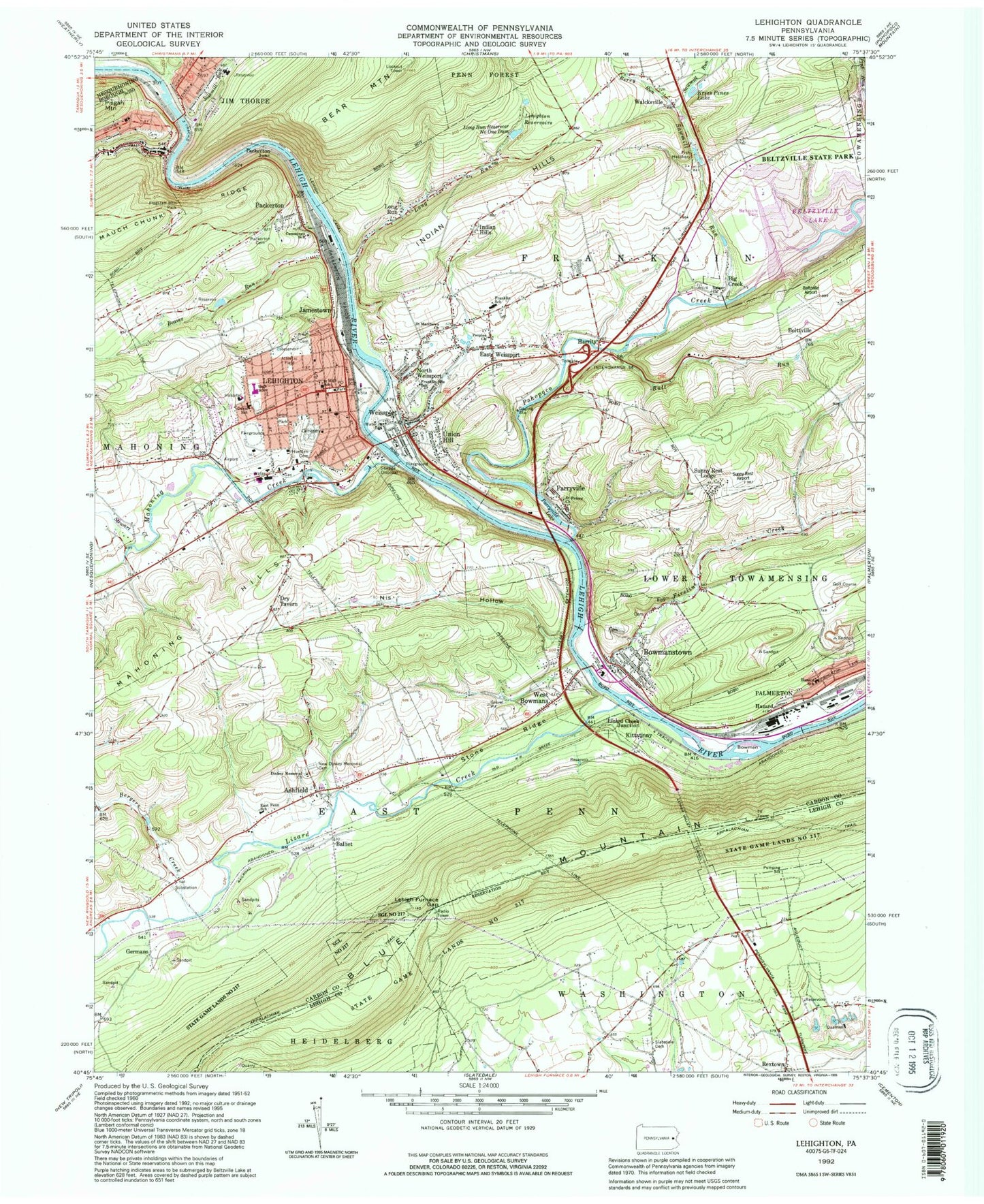 Classic USGS Lehighton Pennsylvania 7.5'x7.5' Topo Map Image