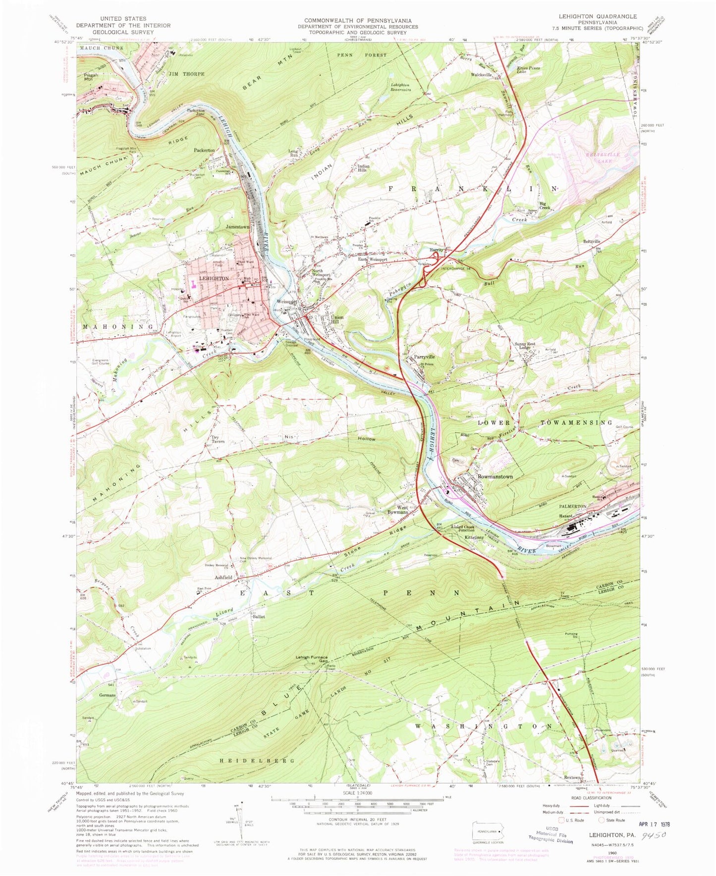 Classic USGS Lehighton Pennsylvania 7.5'x7.5' Topo Map Image