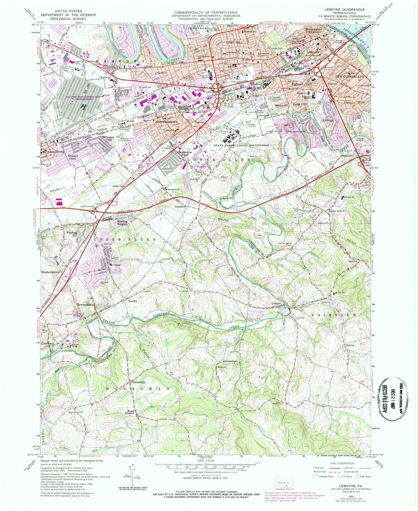 Classic USGS Lemoyne Pennsylvania 7.5'x7.5' Topo Map Image