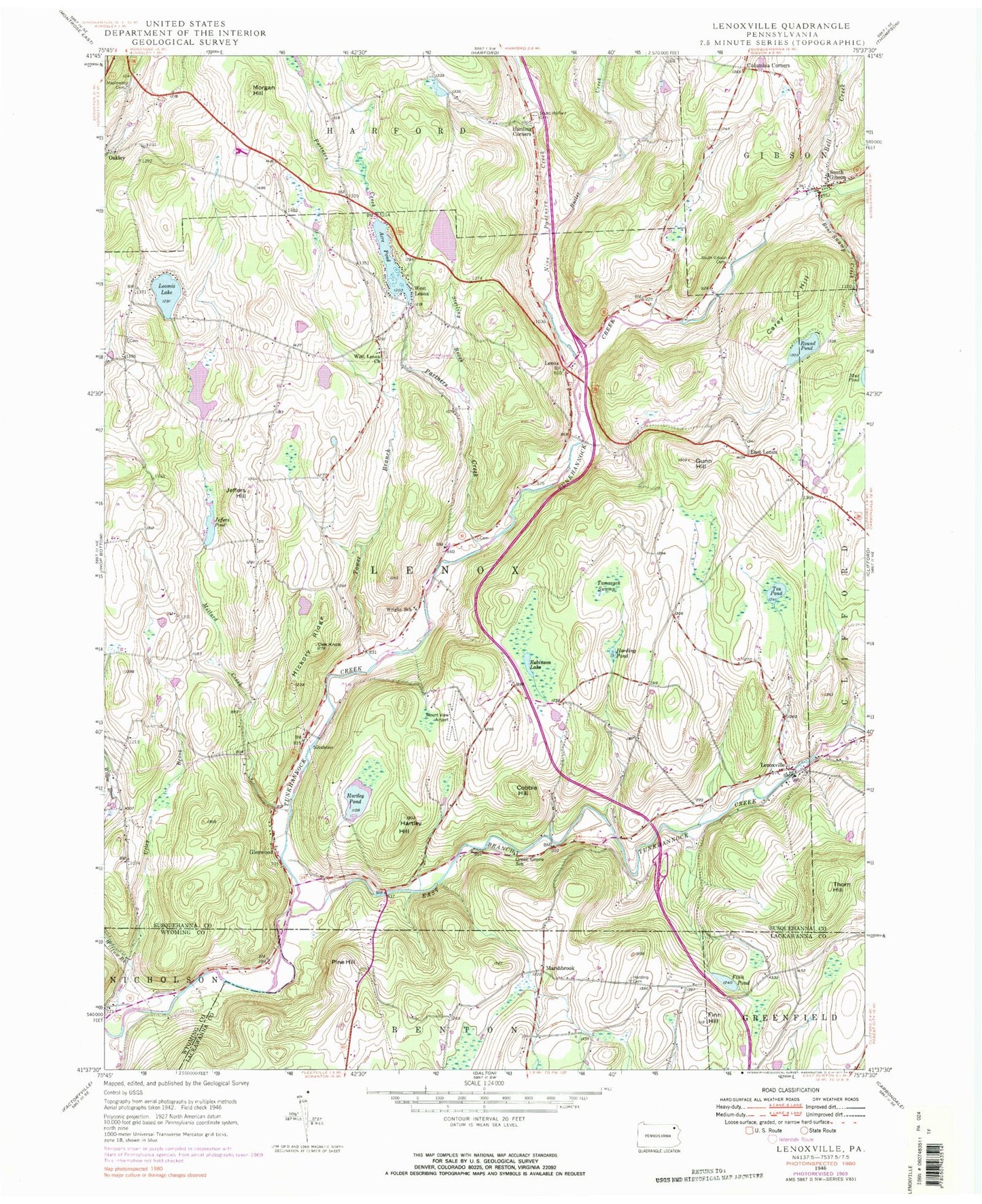 Classic USGS Lenoxville Pennsylvania 7.5'x7.5' Topo Map Image