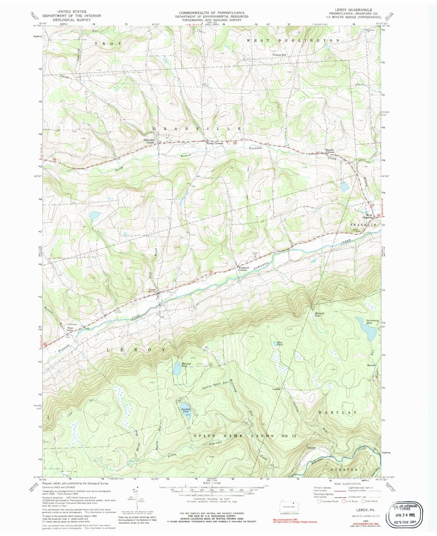 Classic USGS Leroy Pennsylvania 7.5'x7.5' Topo Map Image