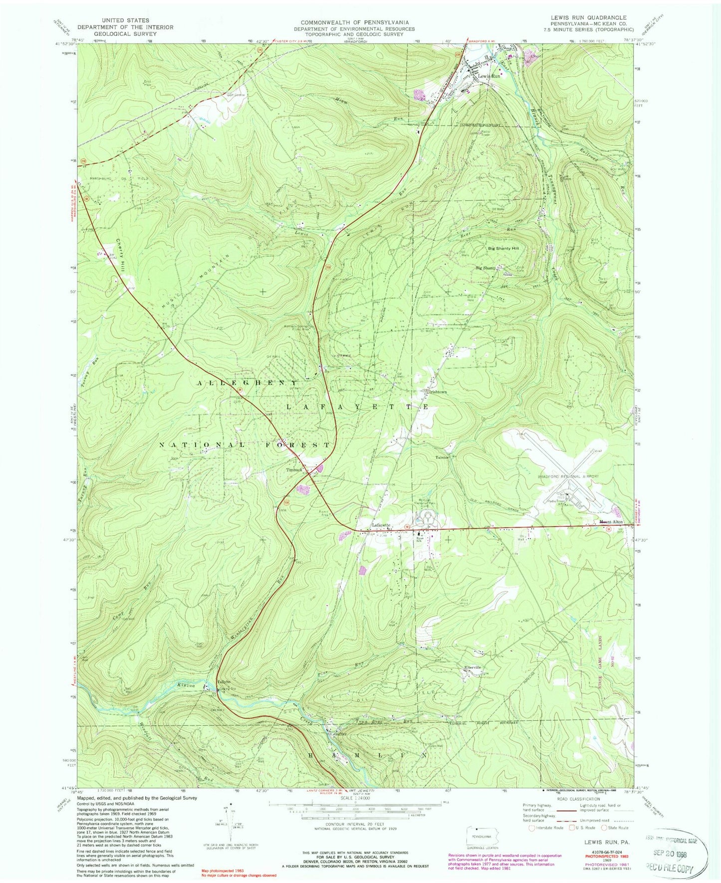 Classic USGS Lewis Run Pennsylvania 7.5'x7.5' Topo Map Image