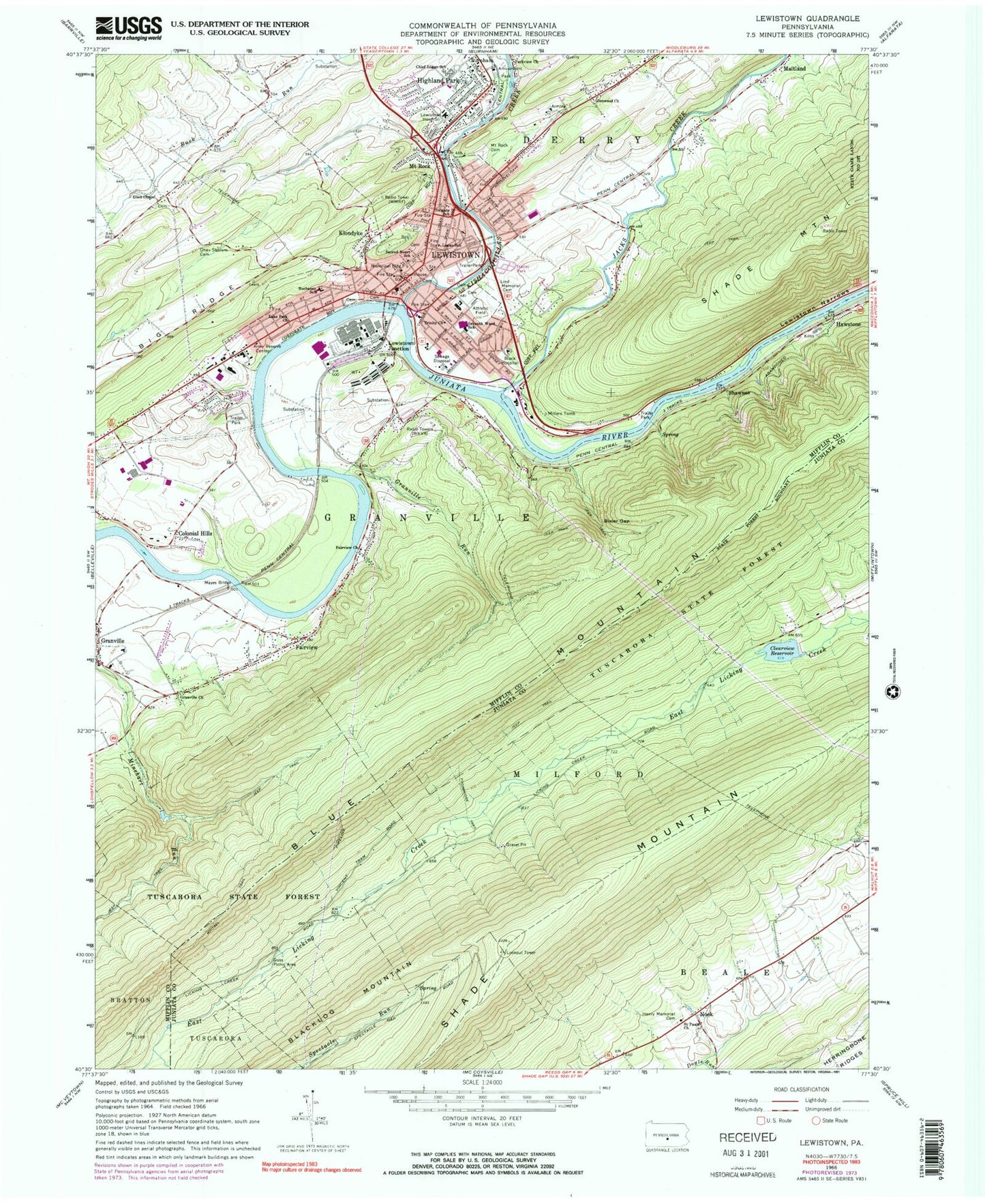 Classic USGS Lewistown Pennsylvania 7.5'x7.5' Topo Map Image