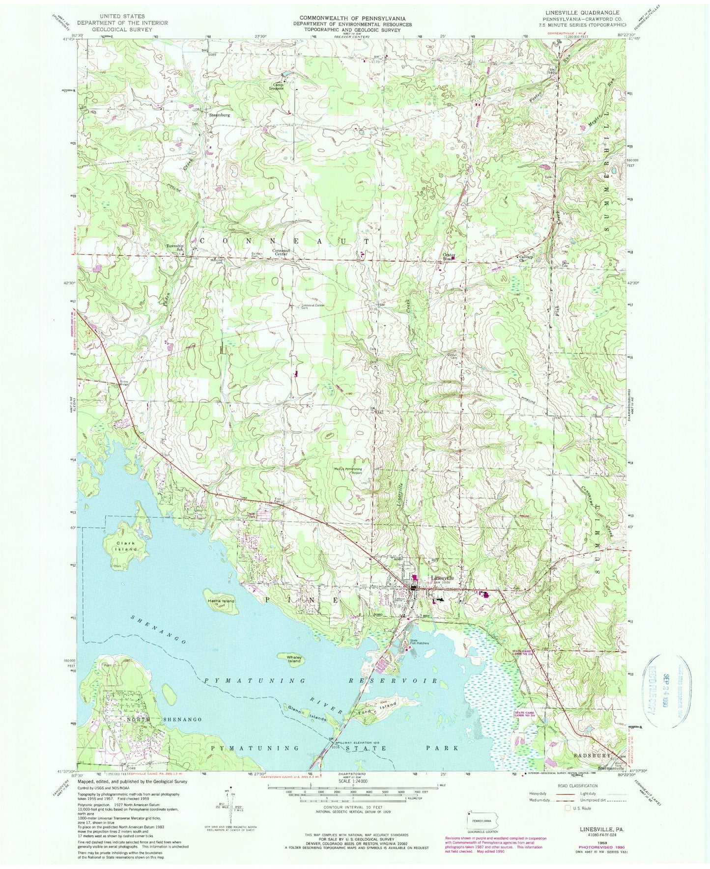 Classic USGS Linesville Pennsylvania 7.5'x7.5' Topo Map Image