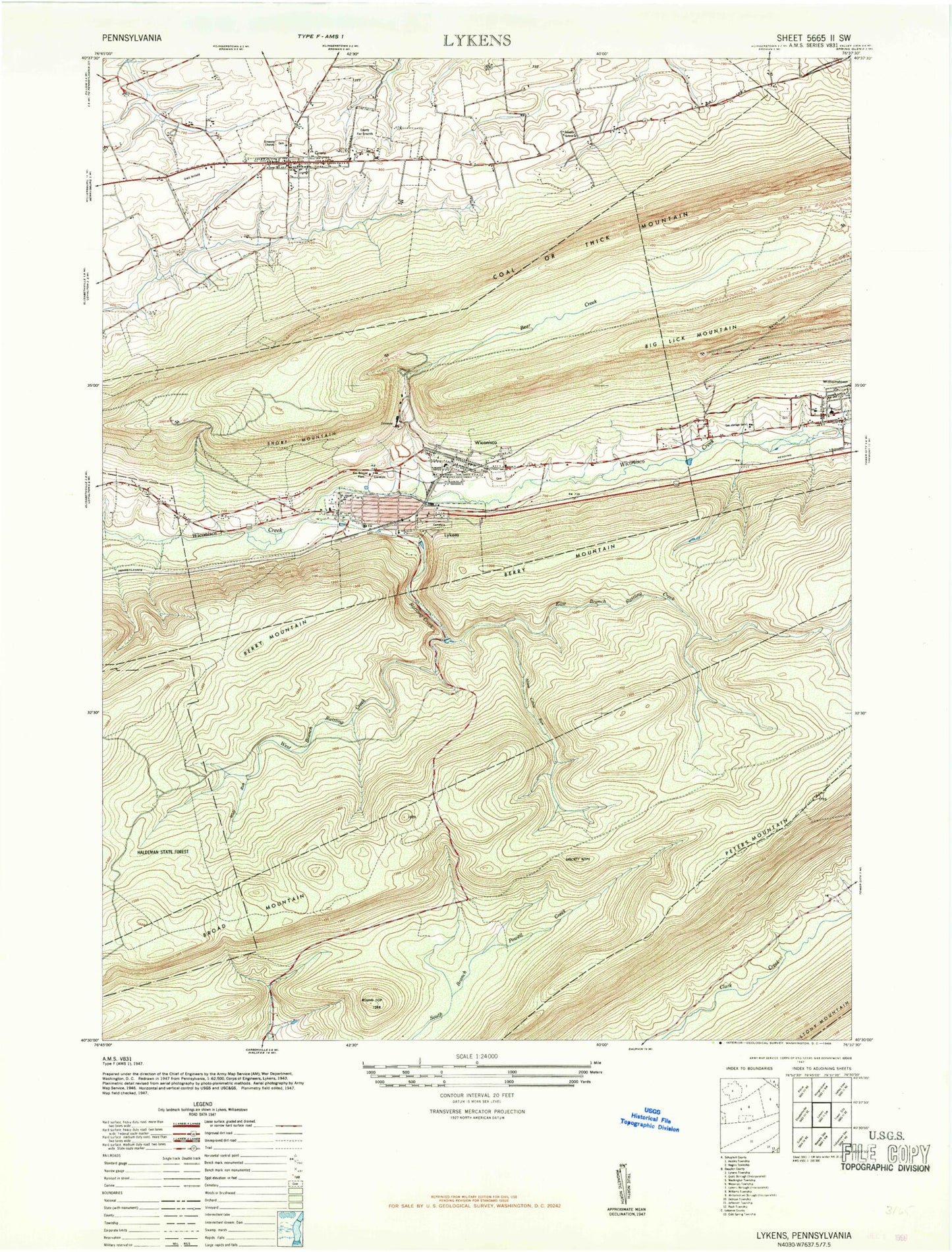 Classic USGS Lykens Pennsylvania 7.5'x7.5' Topo Map Image