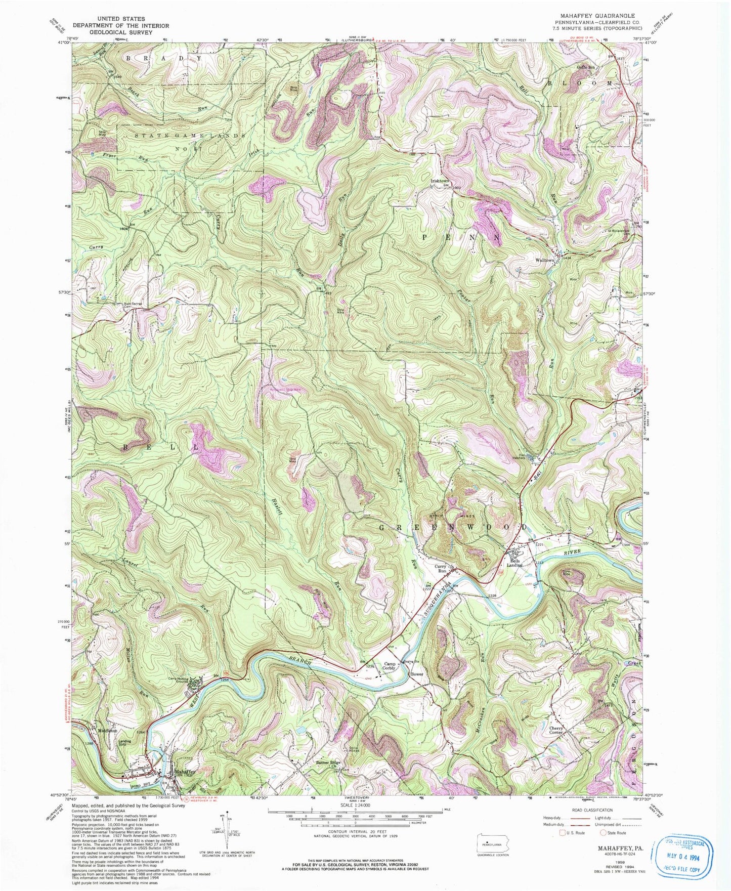 Classic USGS Mahaffey Pennsylvania 7.5'x7.5' Topo Map Image