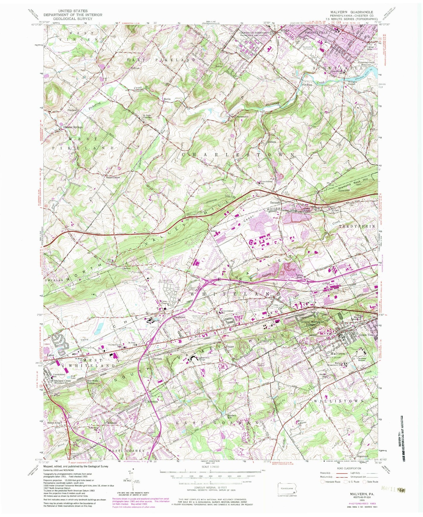Classic USGS Malvern Pennsylvania 7.5'x7.5' Topo Map Image