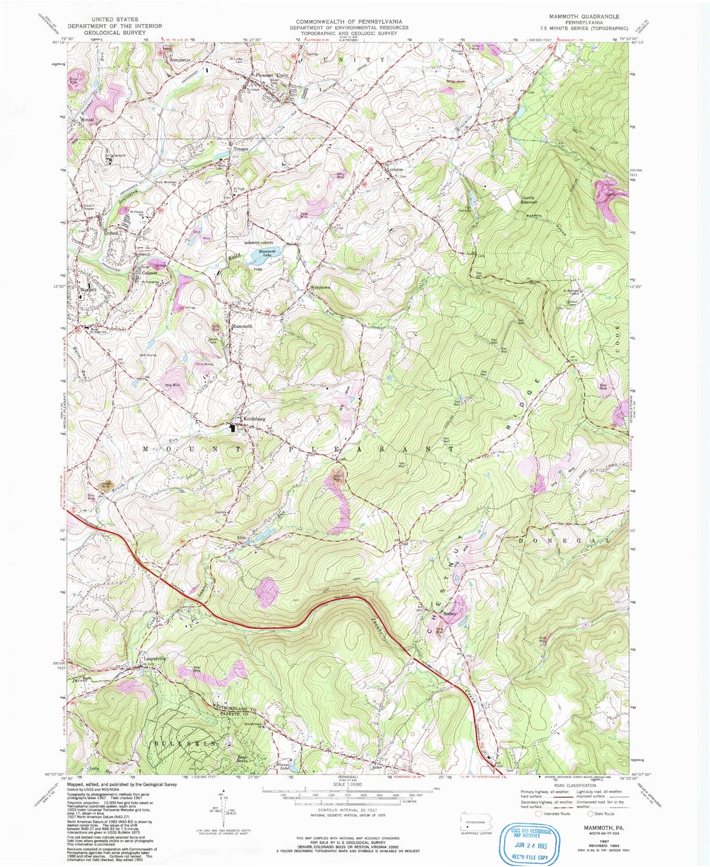 Classic USGS Mammoth Pennsylvania 7.5'x7.5' Topo Map Image