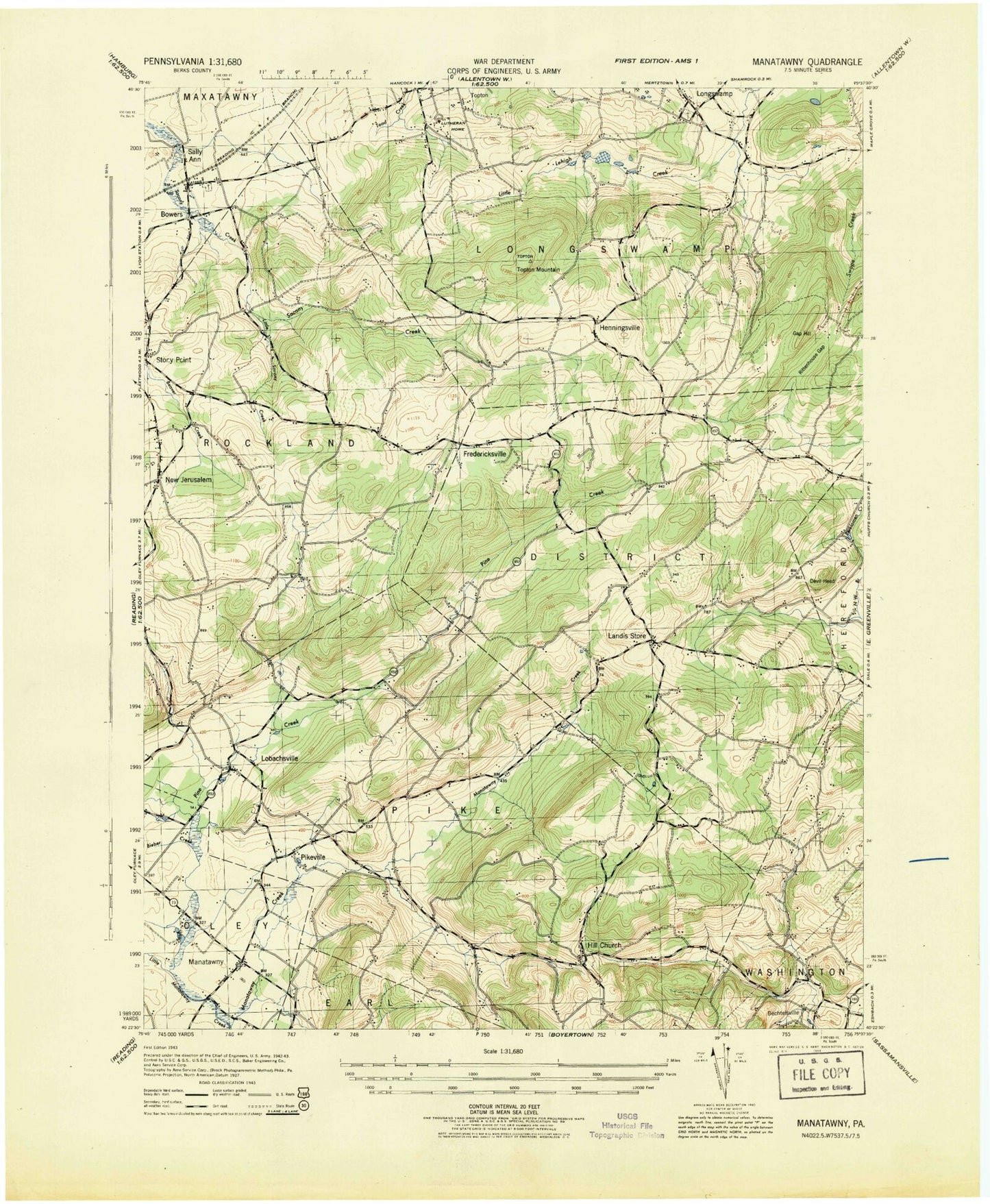Classic USGS Manatawny Pennsylvania 7.5'x7.5' Topo Map Image