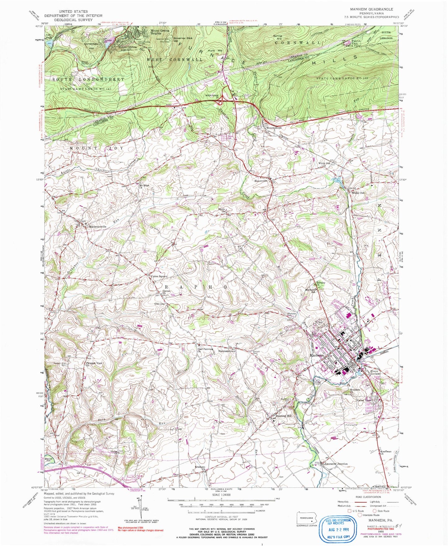 Classic USGS Manheim Pennsylvania 7.5'x7.5' Topo Map Image
