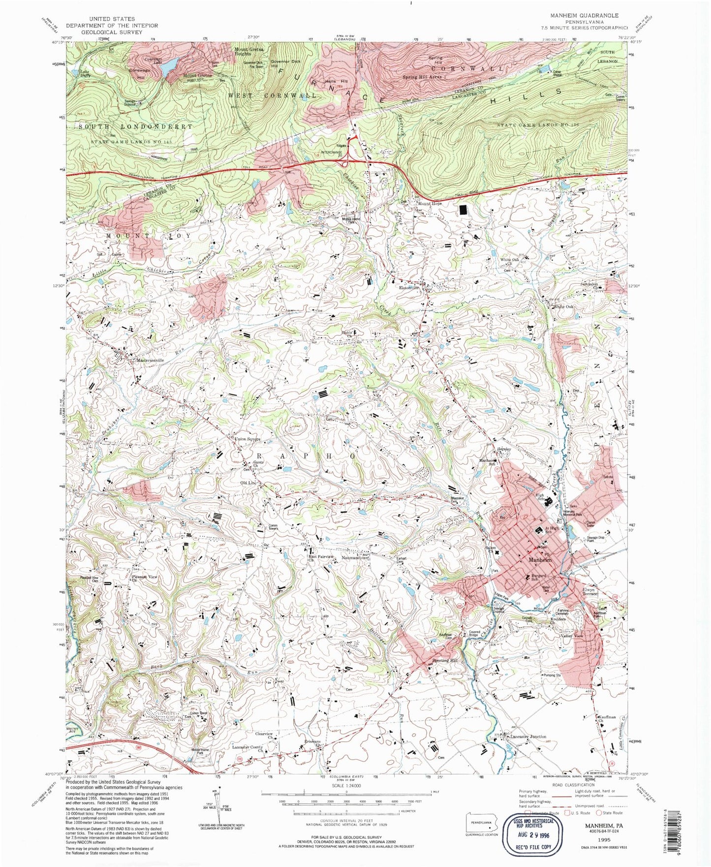 Classic USGS Manheim Pennsylvania 7.5'x7.5' Topo Map Image