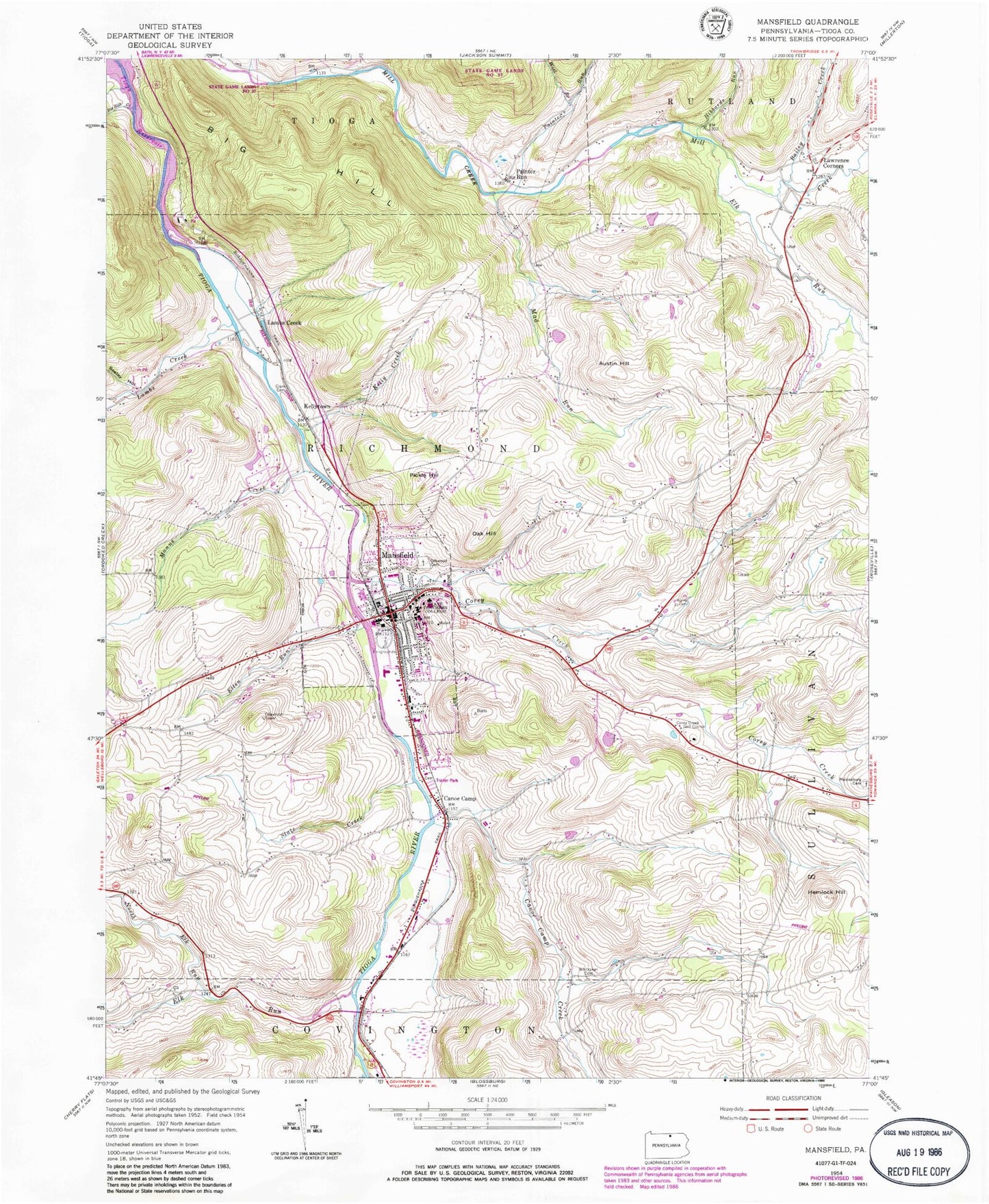 Classic USGS Mansfield Pennsylvania 7.5'x7.5' Topo Map Image