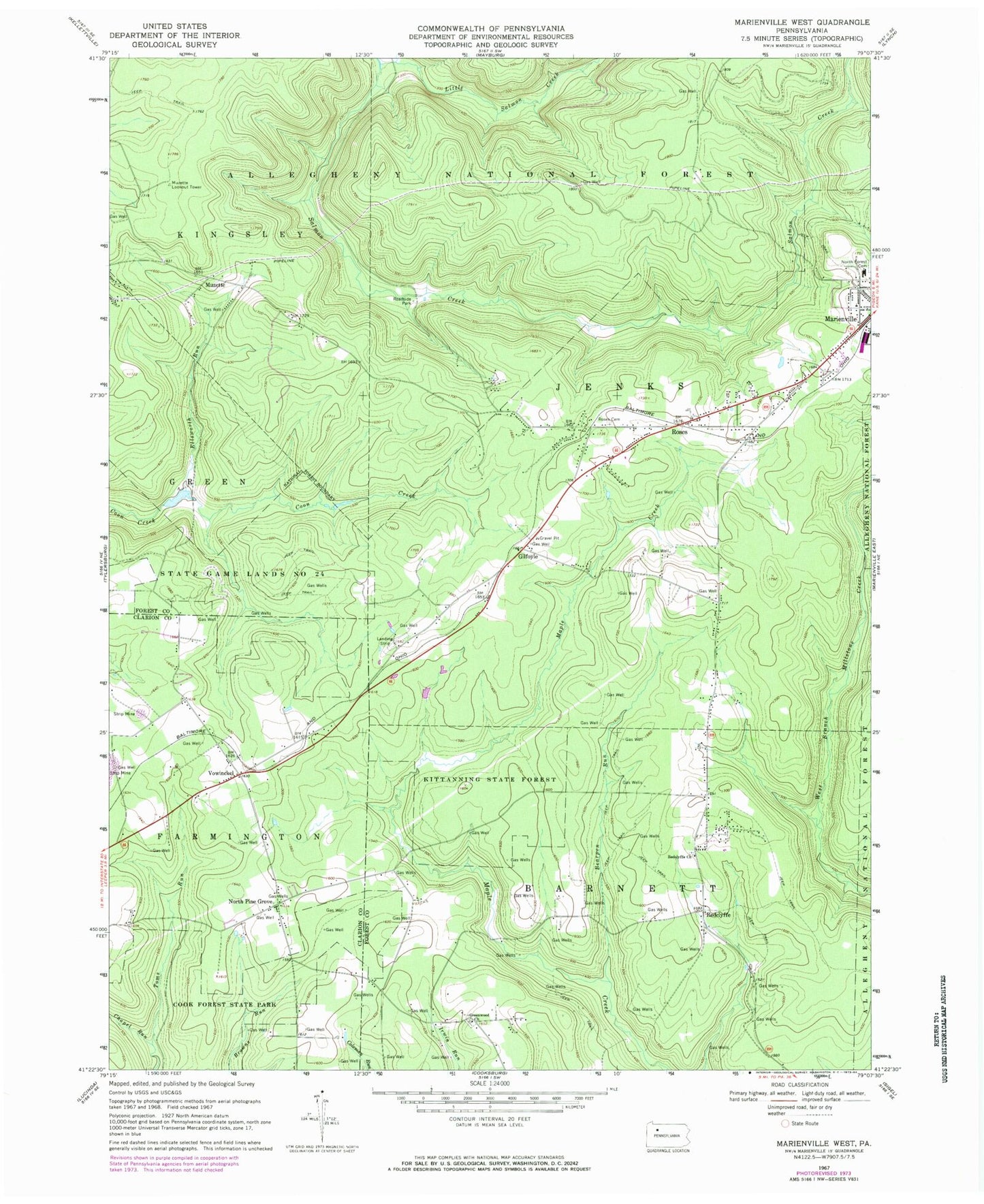 Classic USGS Marienville West Pennsylvania 7.5'x7.5' Topo Map Image