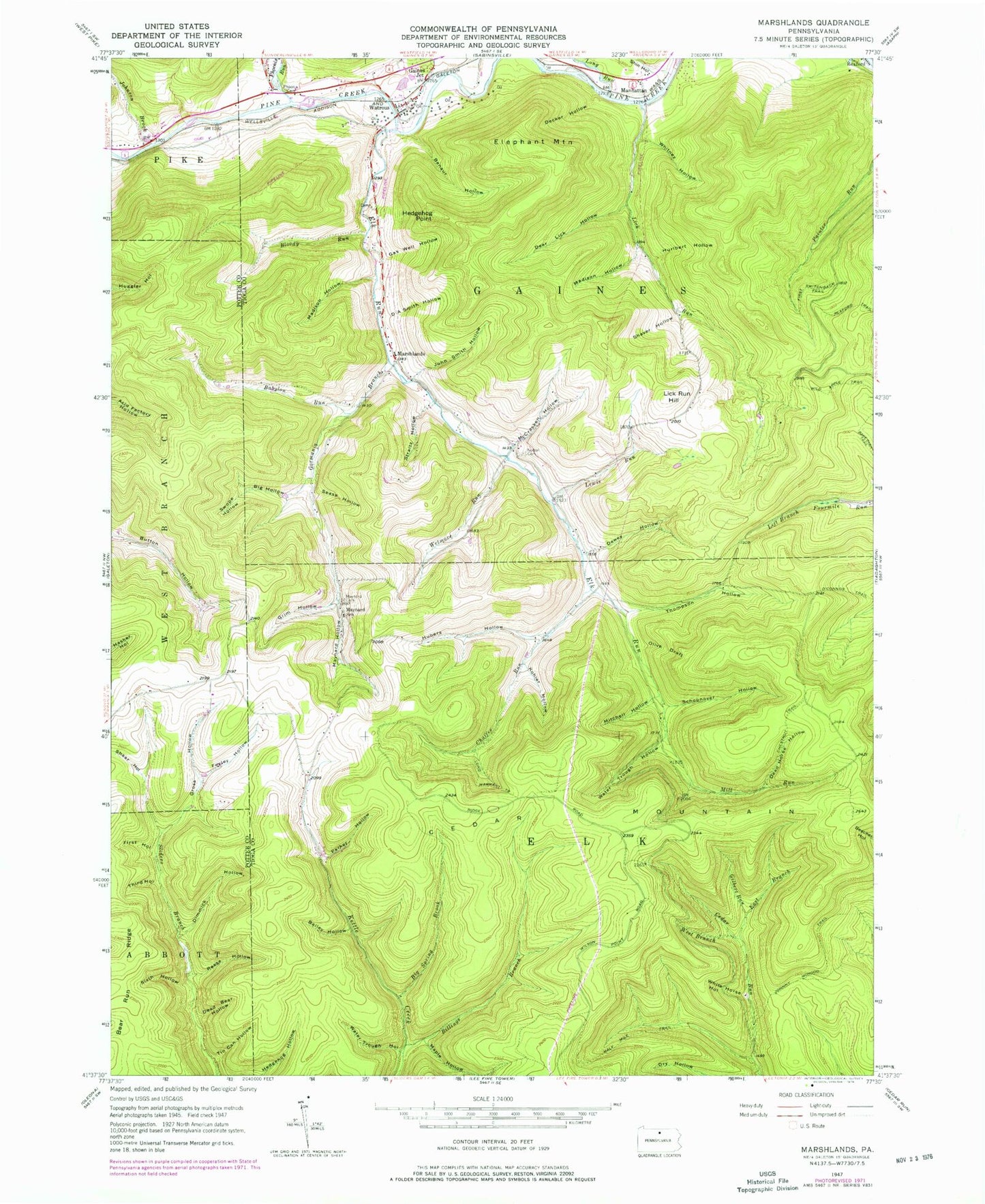 Classic USGS Marshlands Pennsylvania 7.5'x7.5' Topo Map Image