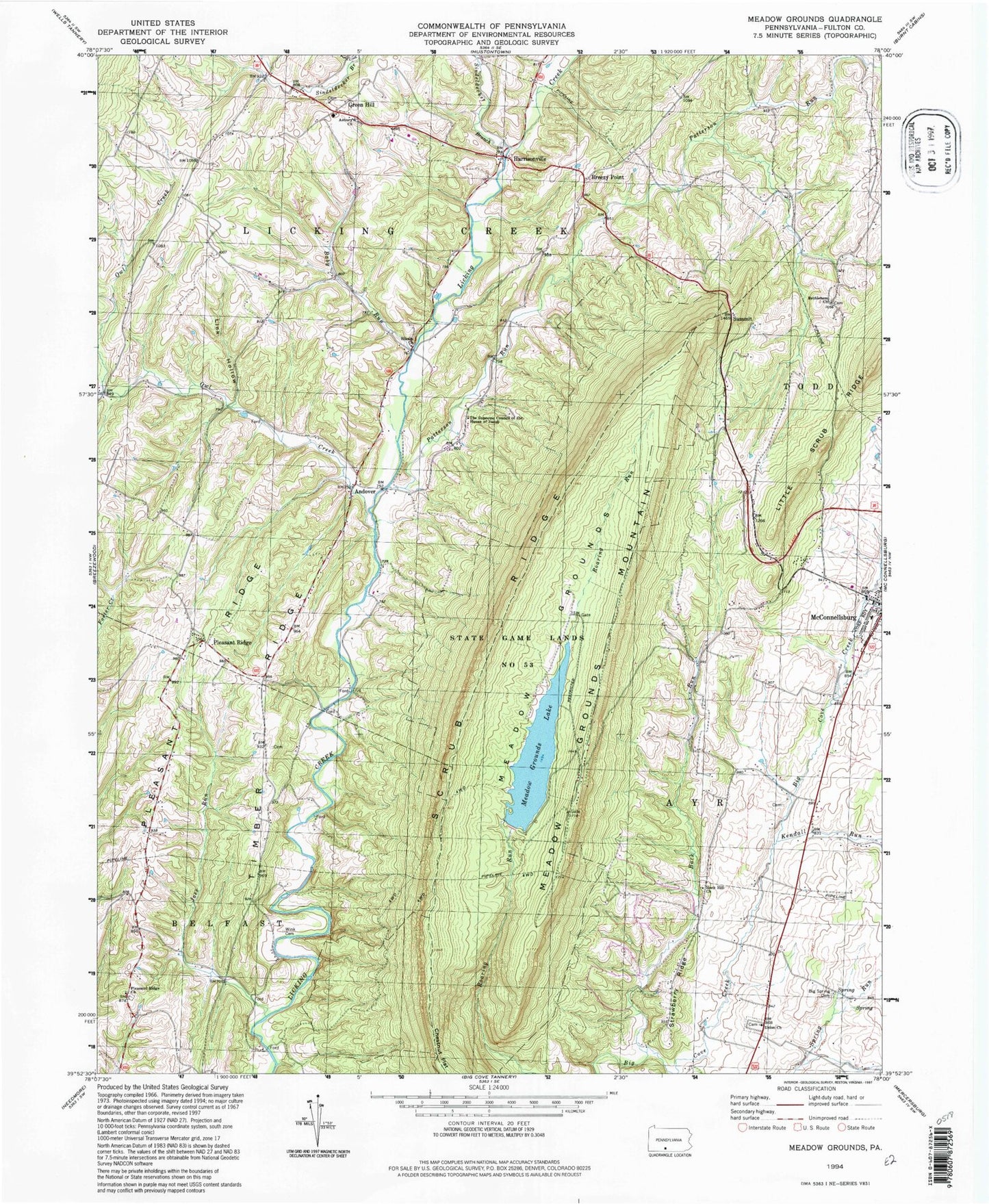 Classic USGS Meadow Grounds Pennsylvania 7.5'x7.5' Topo Map Image