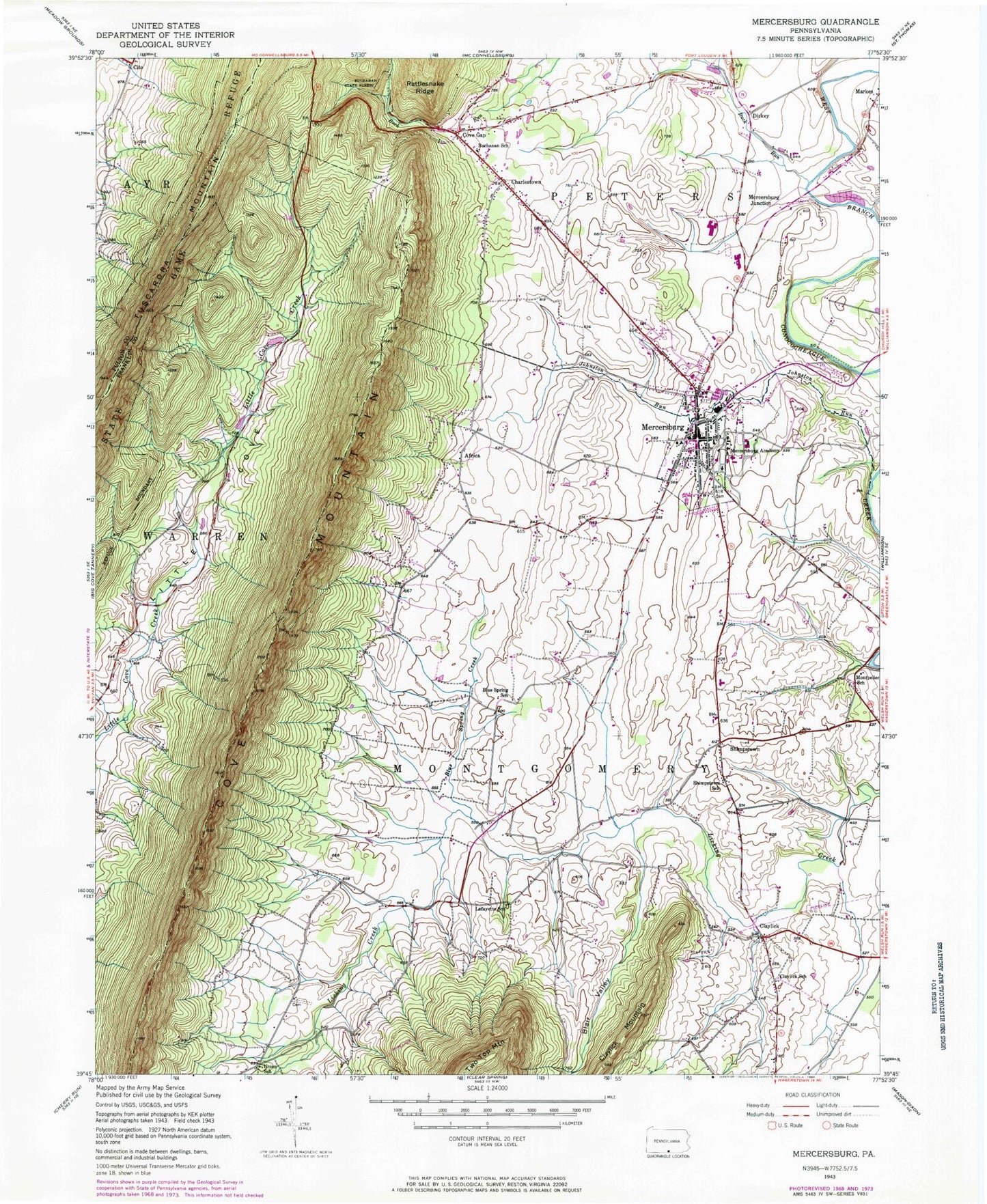 Classic USGS Mercersburg Pennsylvania 7.5'x7.5' Topo Map Image