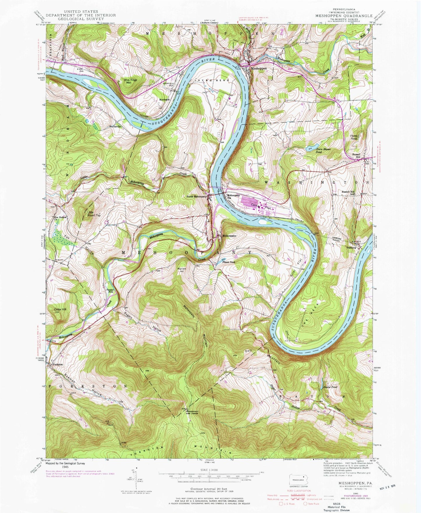 Classic USGS Meshoppen Pennsylvania 7.5'x7.5' Topo Map Image