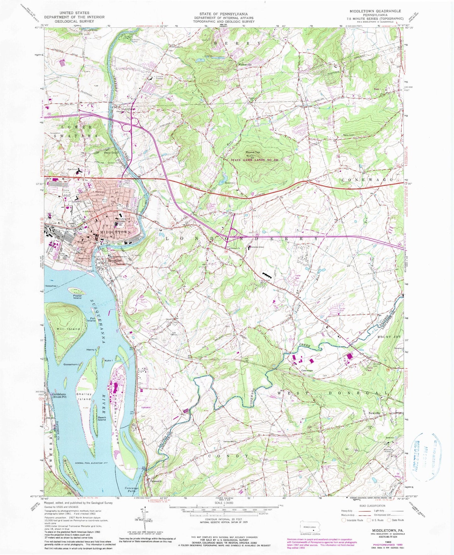 Classic USGS Middletown Pennsylvania 7.5'x7.5' Topo Map Image