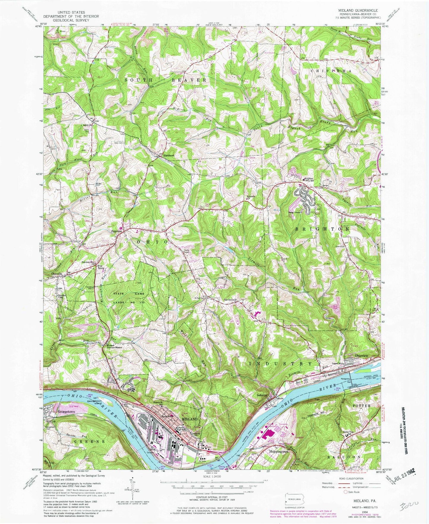 Classic USGS Midland Pennsylvania 7.5'x7.5' Topo Map Image