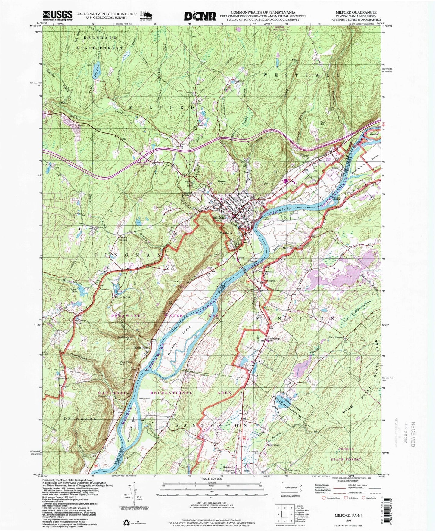 Classic USGS Milford Pennsylvania 7.5'x7.5' Topo Map Image