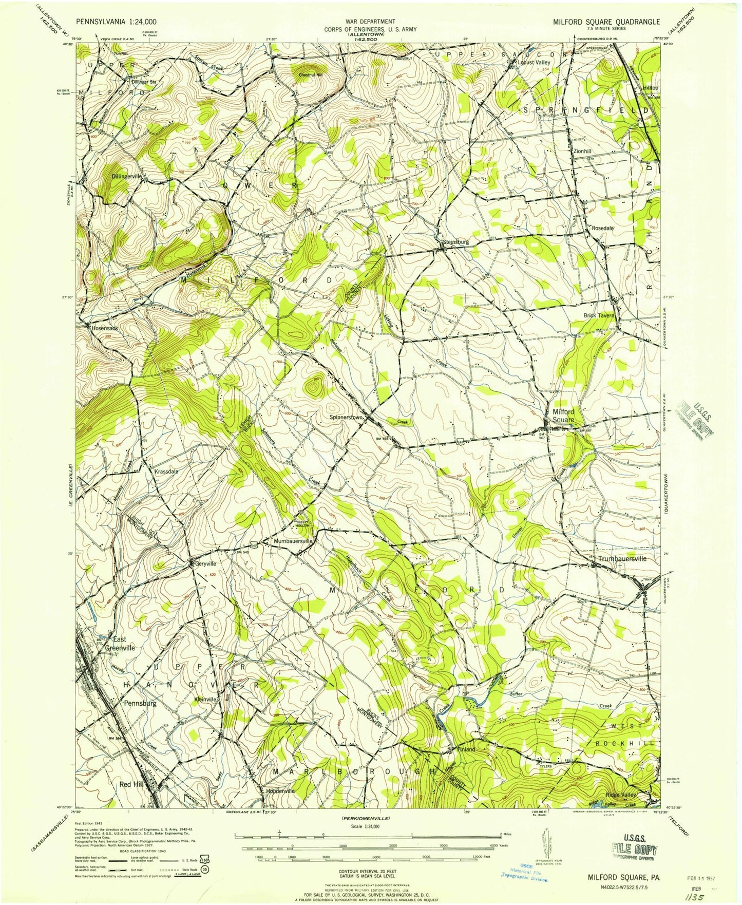 Classic USGS Milford Square Pennsylvania 7.5'x7.5' Topo Map Image