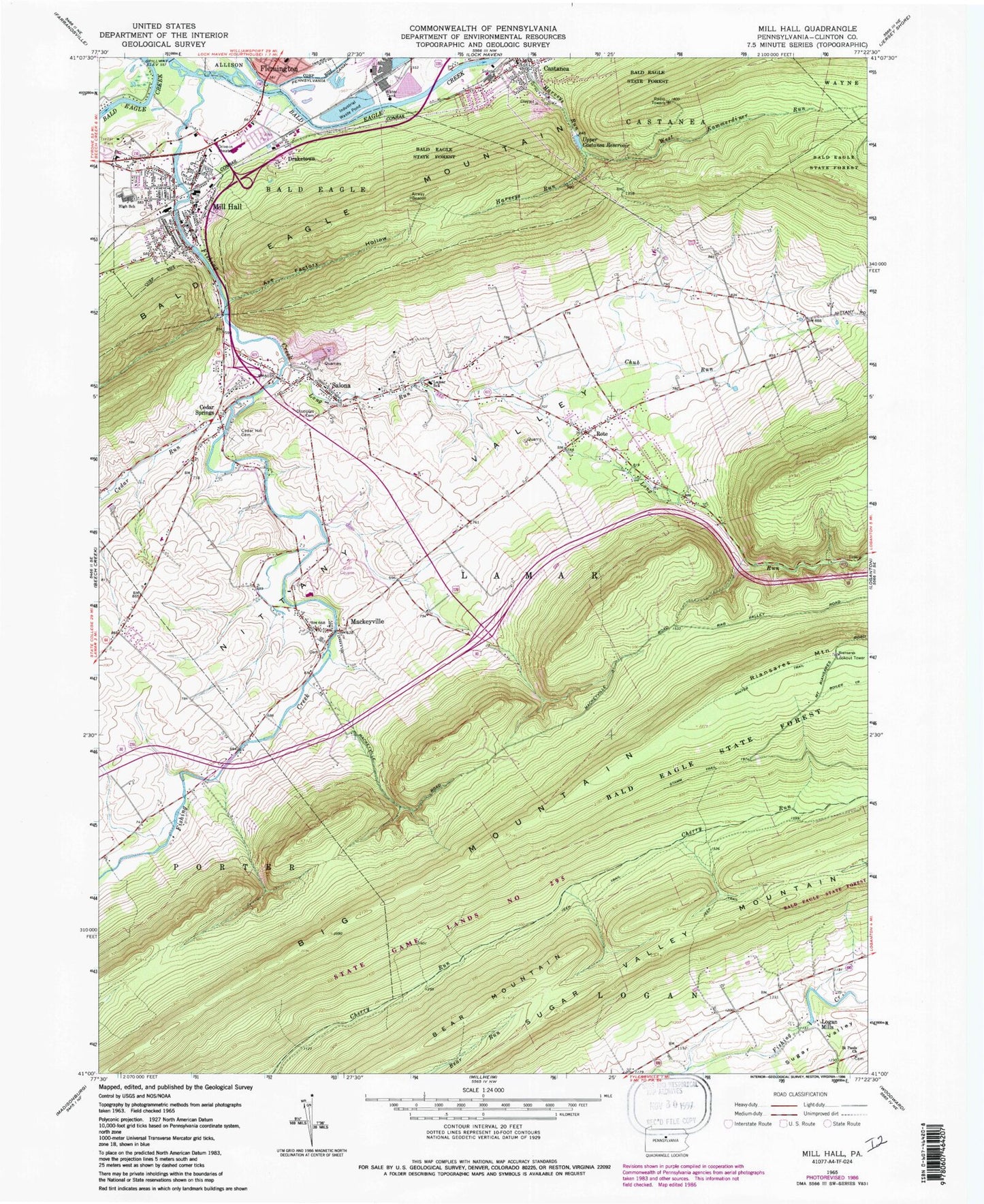 Classic USGS Mill Hall Pennsylvania 7.5'x7.5' Topo Map Image
