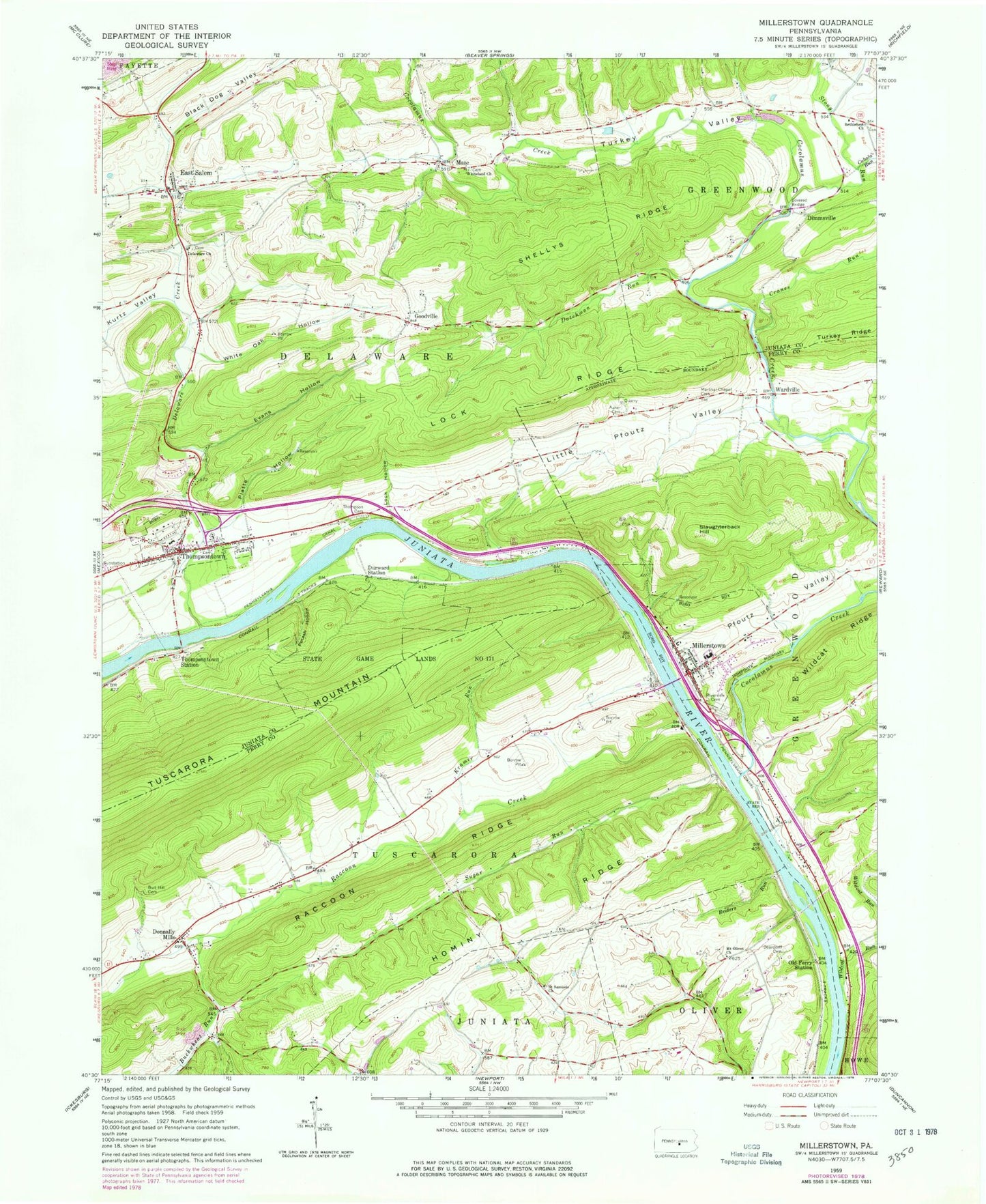 Classic USGS Millerstown Pennsylvania 7.5'x7.5' Topo Map Image