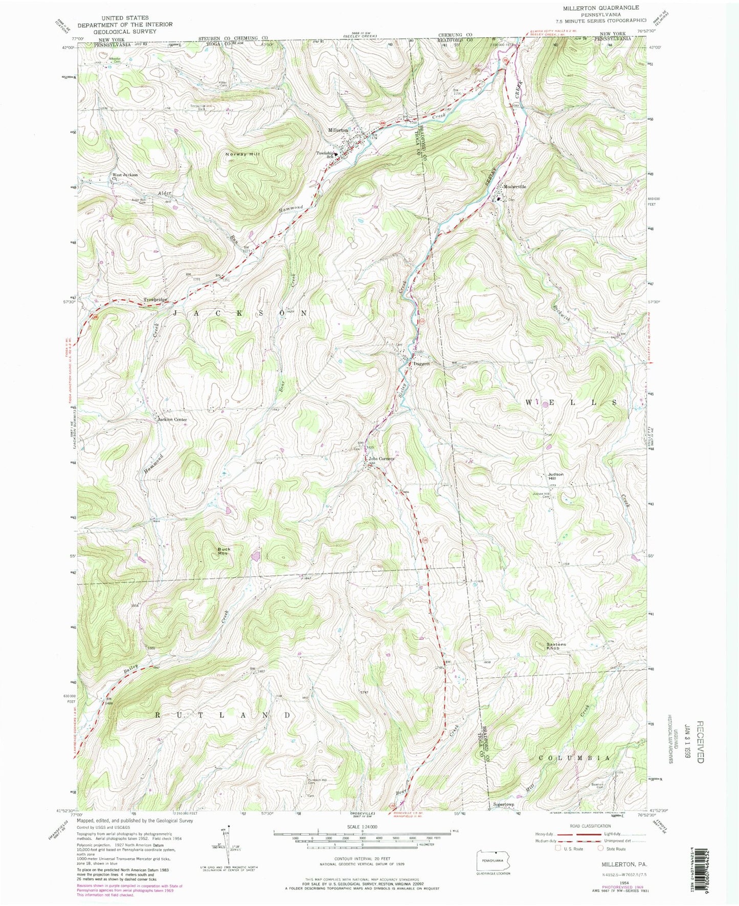 Classic USGS Millerton Pennsylvania 7.5'x7.5' Topo Map Image