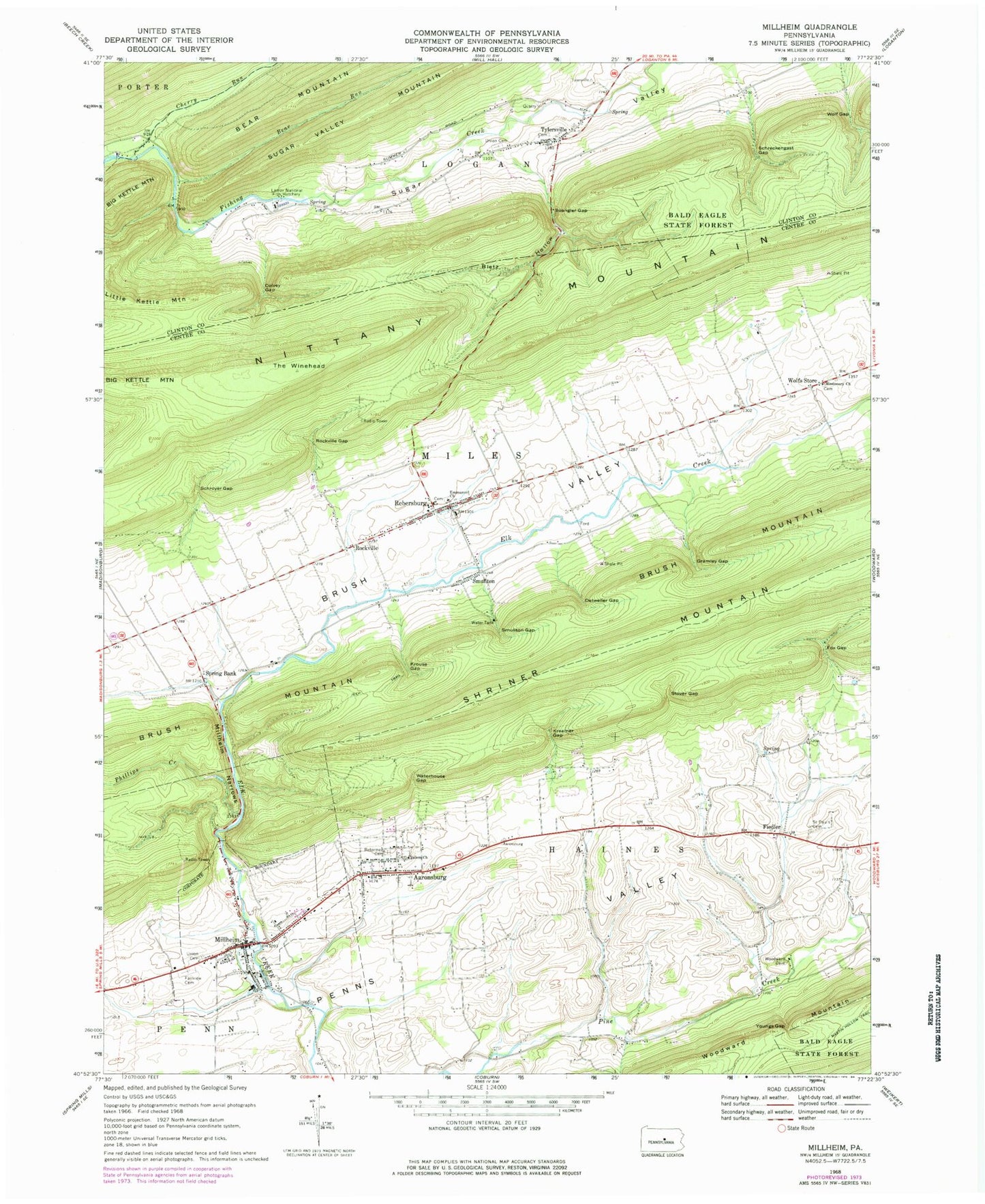 Classic USGS Millheim Pennsylvania 7.5'x7.5' Topo Map Image
